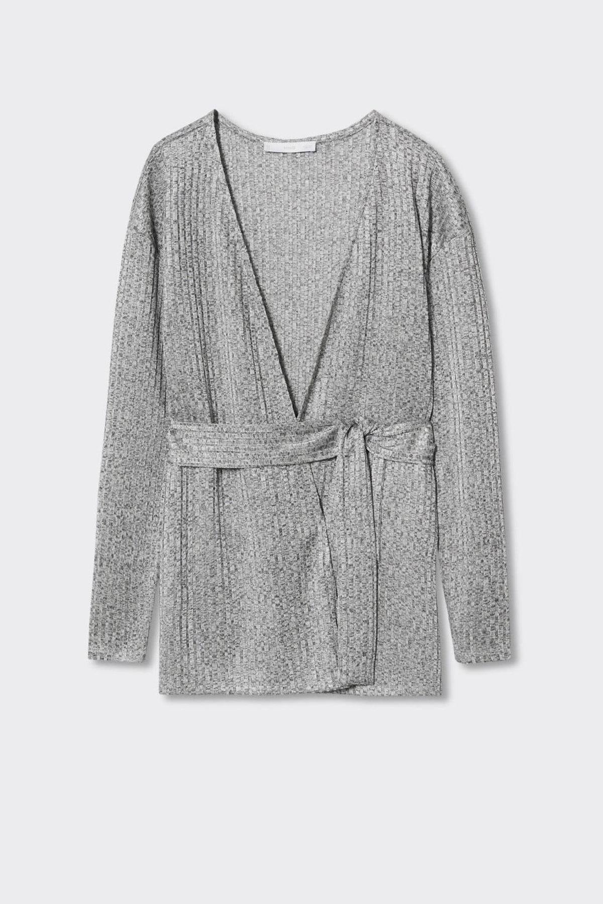 Light heather grey V-neck long-sleeve jumpsuit with tie-belt waist, flat lay