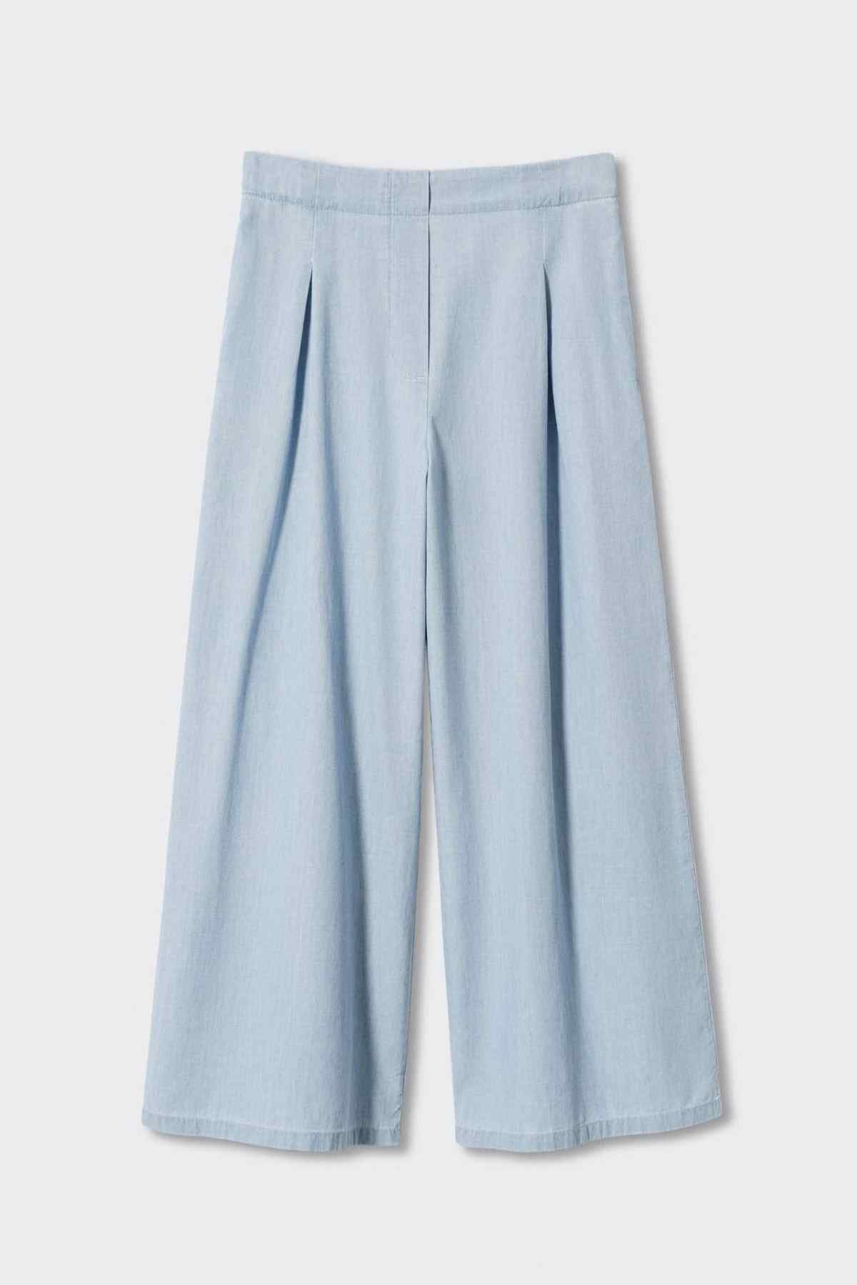 Light blue wide-leg pants with pleated front and straight relaxed legs