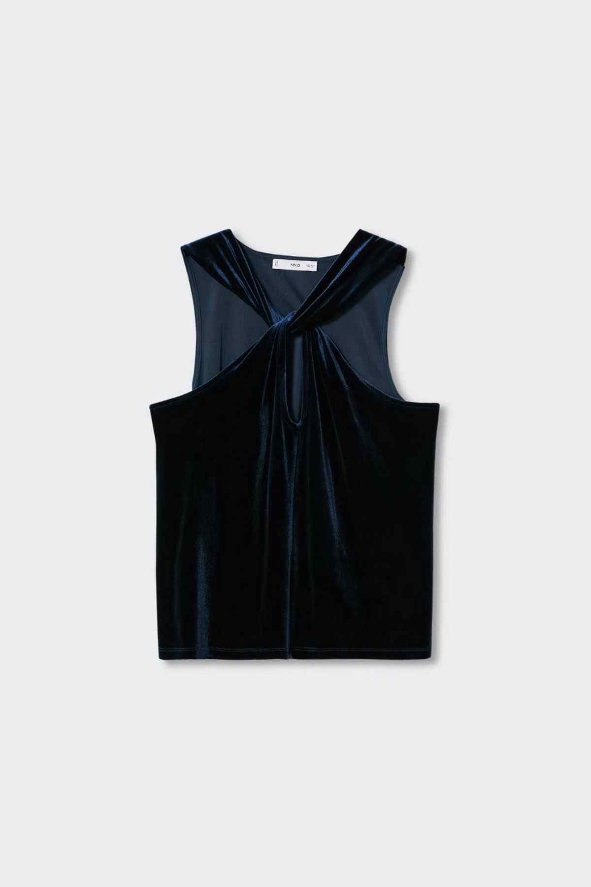 Mango halter-neck velvet top, dark navy, flat-lay V-tie front