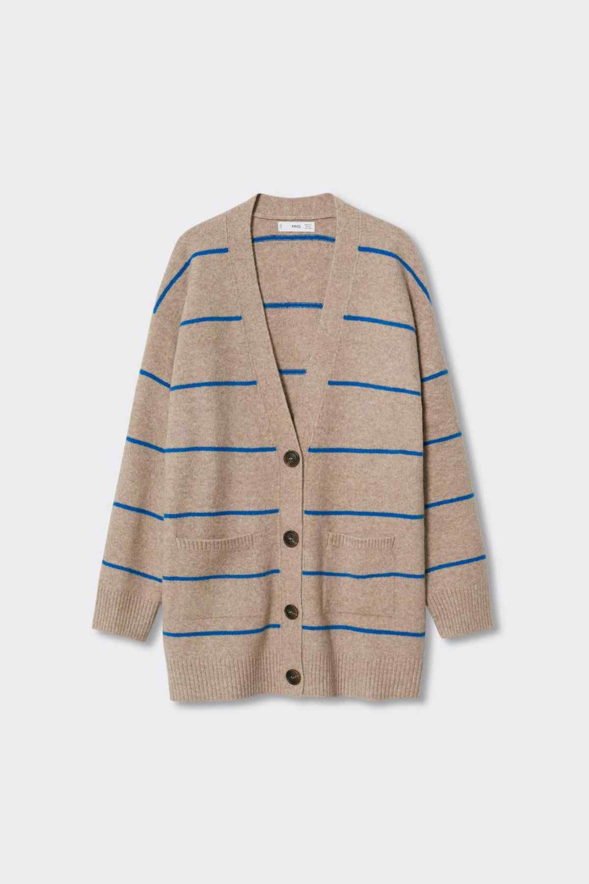 Beige striped knit cardigan with blue horizontal lines and button front
