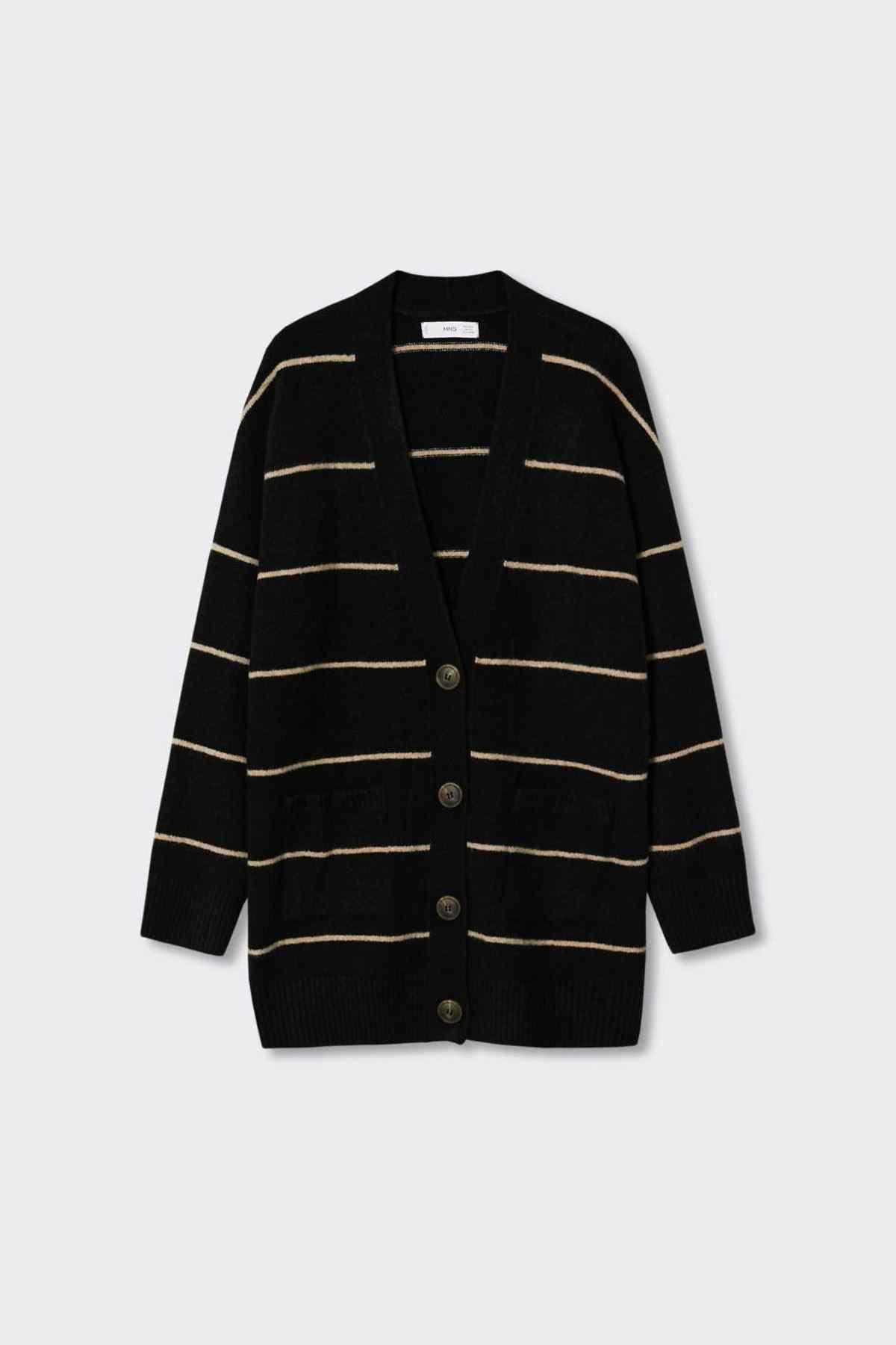 Black striped knit cardigan sweater with front buttons and long sleeves
