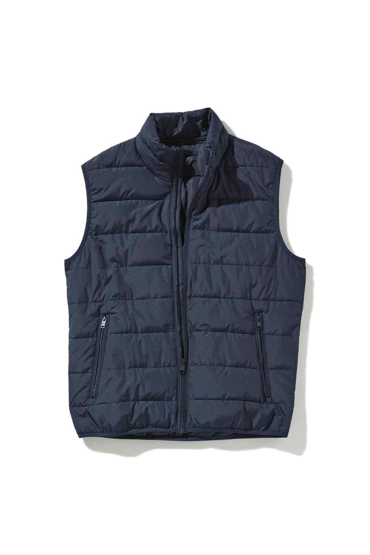 MANGO navy quilted puffer vest flat lay, full-zip front with chest pockets