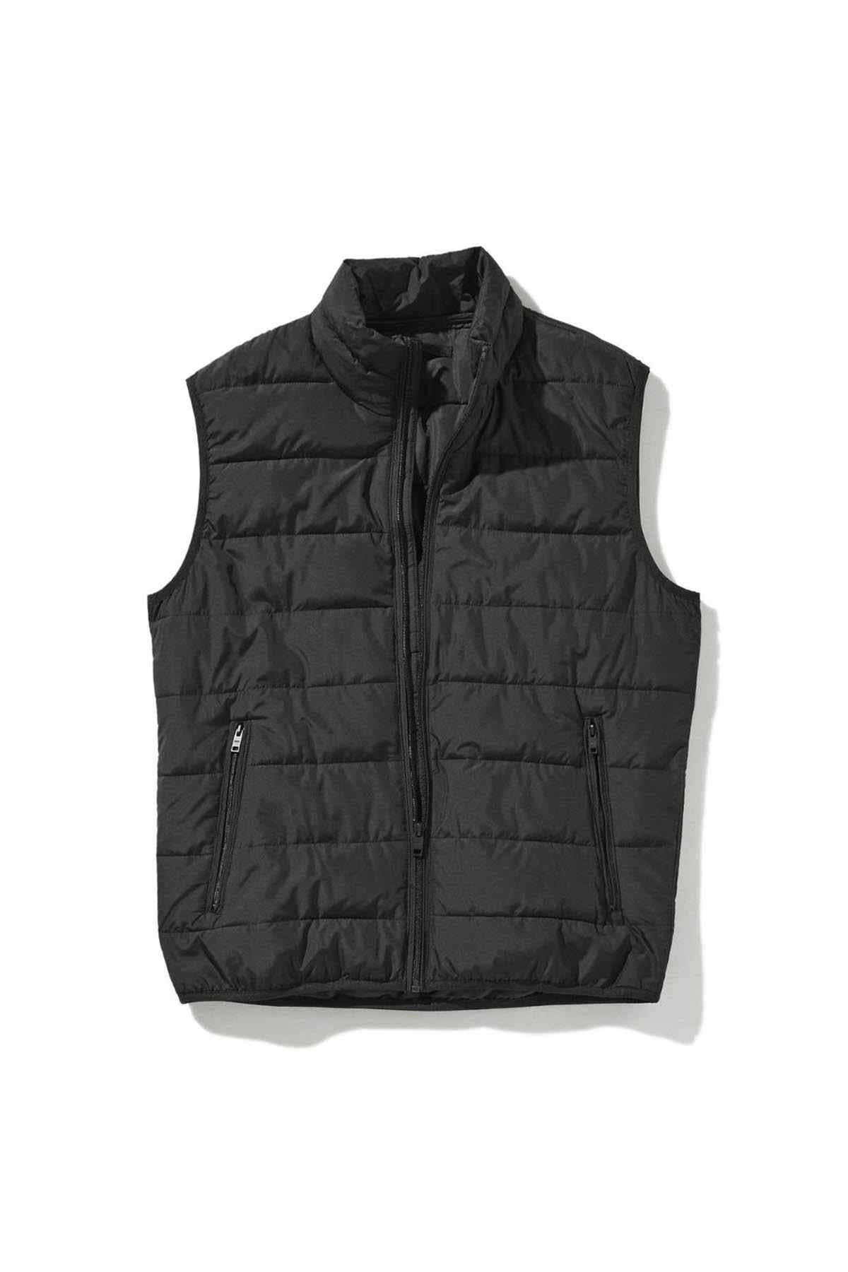 Black quilted padded gilet vest, flat lay with front zip and pockets