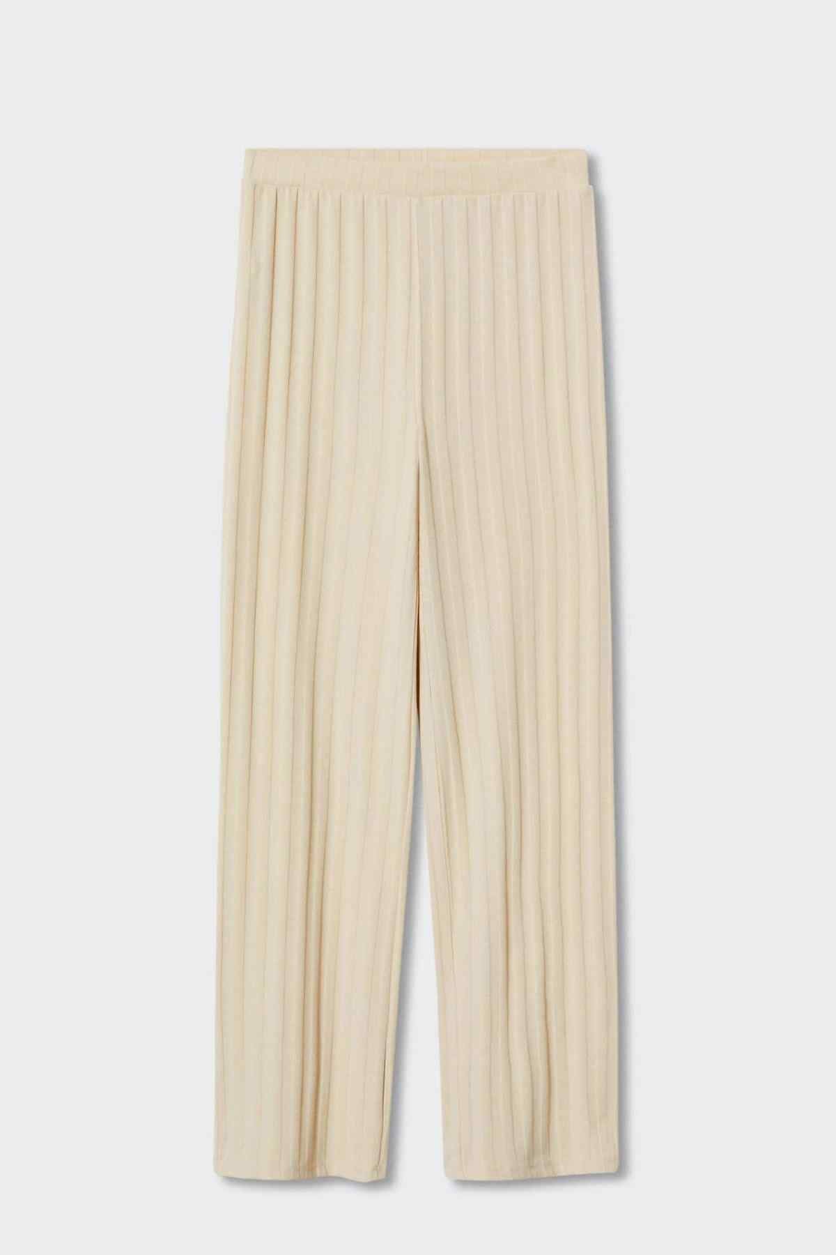 Beige striped wide-leg pants with relaxed pleated front