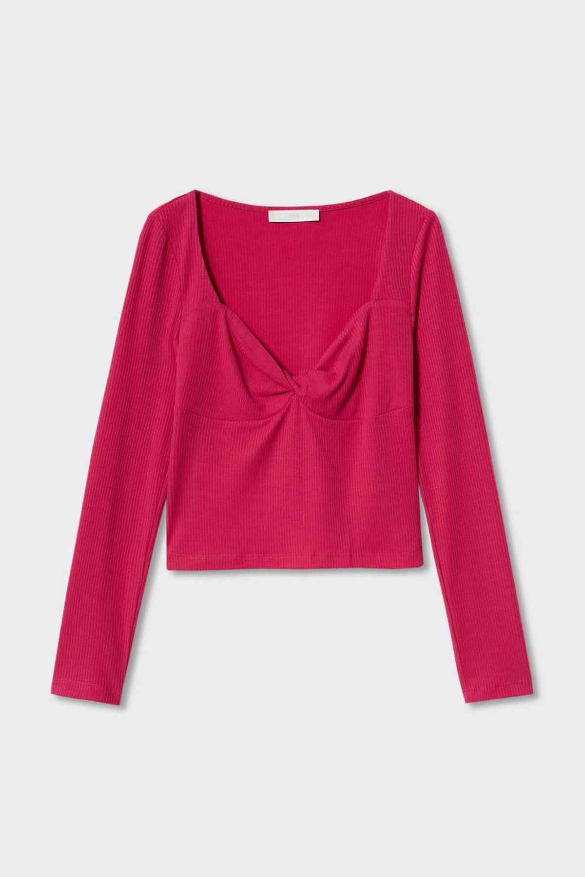 Fuchsia long-sleeve knit top with V-neck twist front