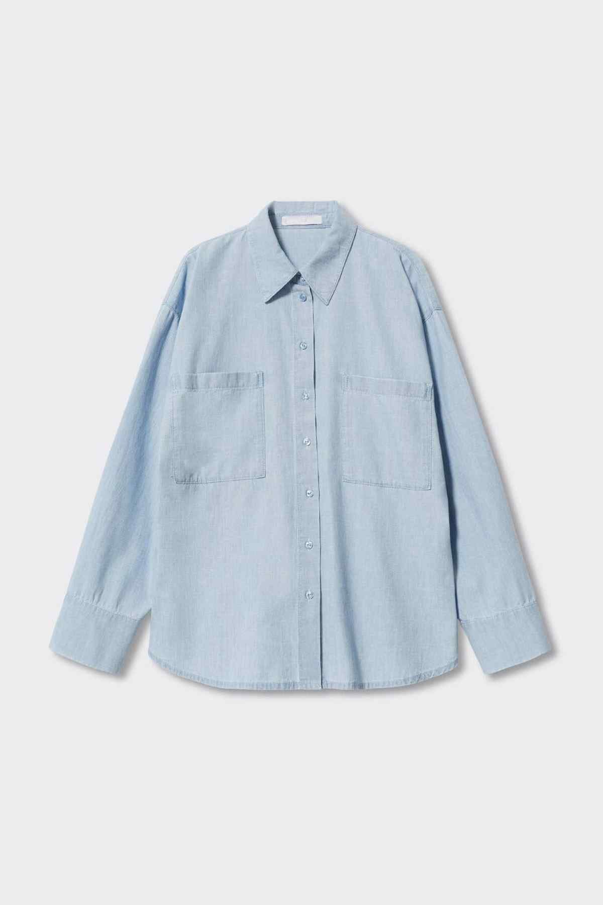 Light blue button-up shirt, long sleeves and chest pockets, front view