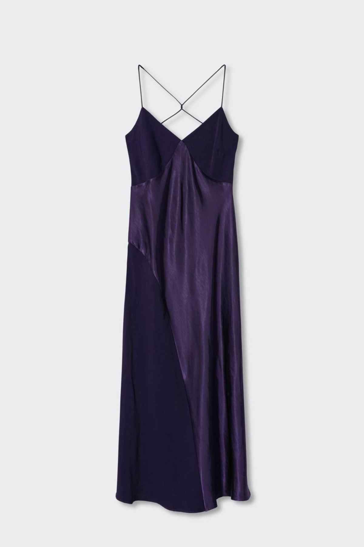MANGO purple satin slip dress, V-neck straps and midi length (flat lay)