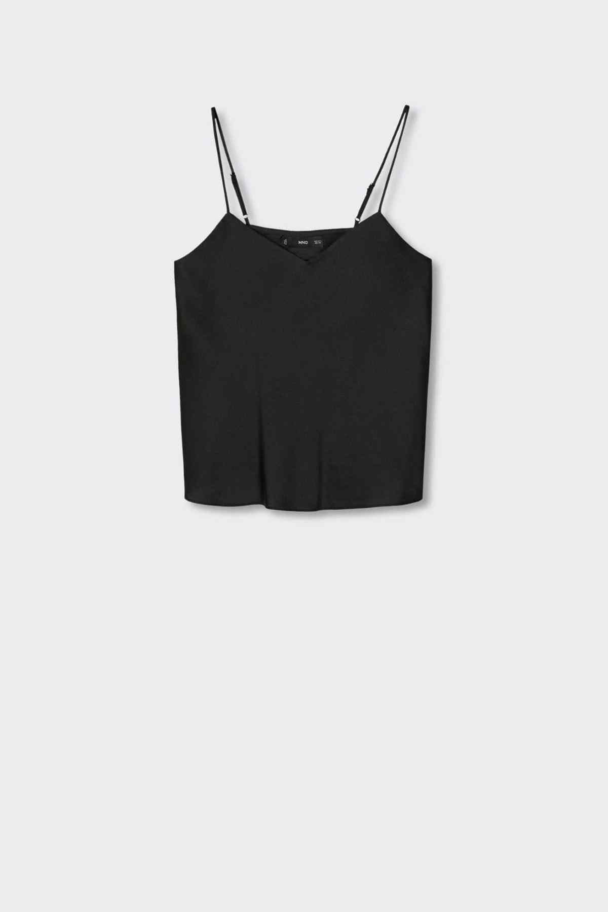 MANGO black satin camisole top flat lay with thin straps and V neckline