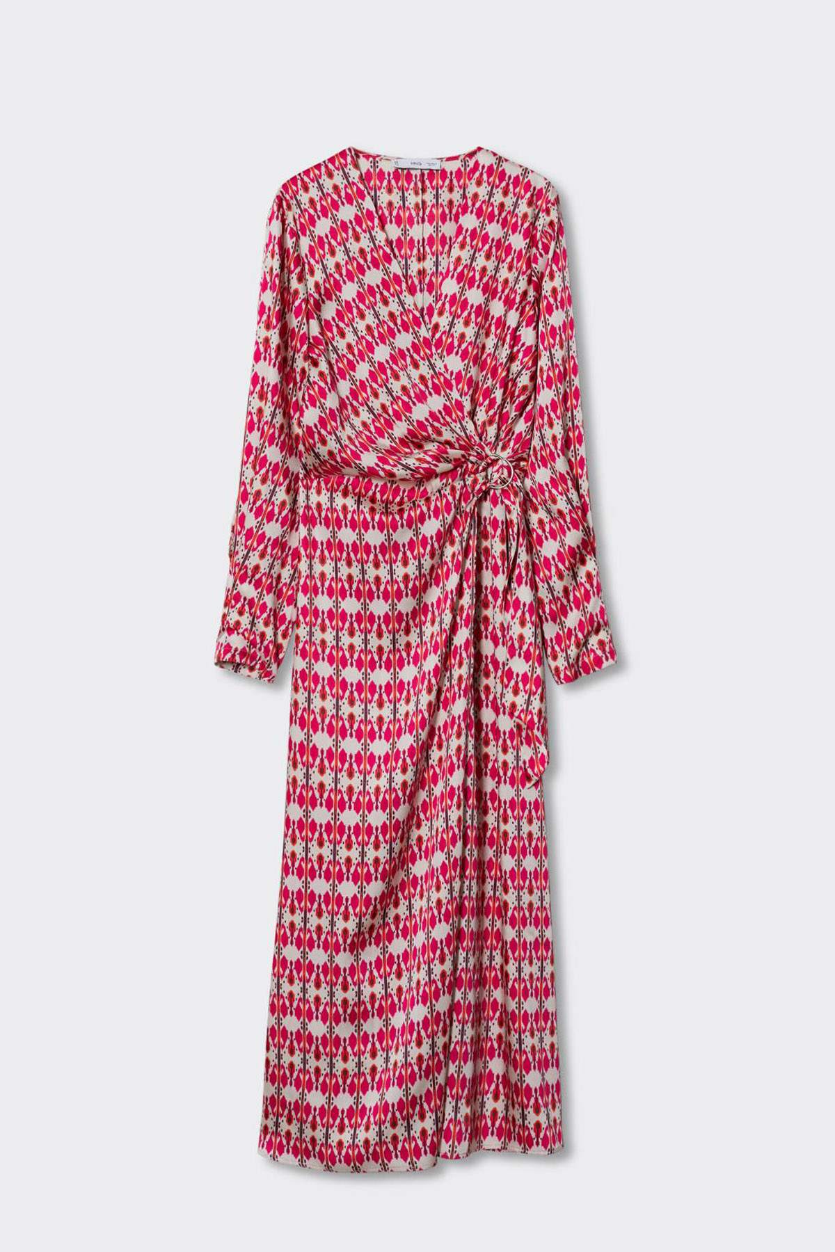 Fuchsia printed wrap midi dress with long sleeves and tied waist belt, front view