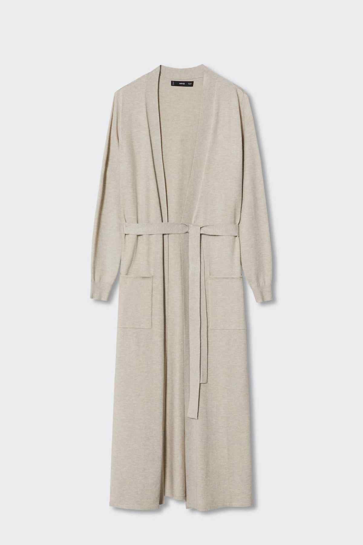 Light pastel grey long belted cardigan, open front with defined pockets and sleeves