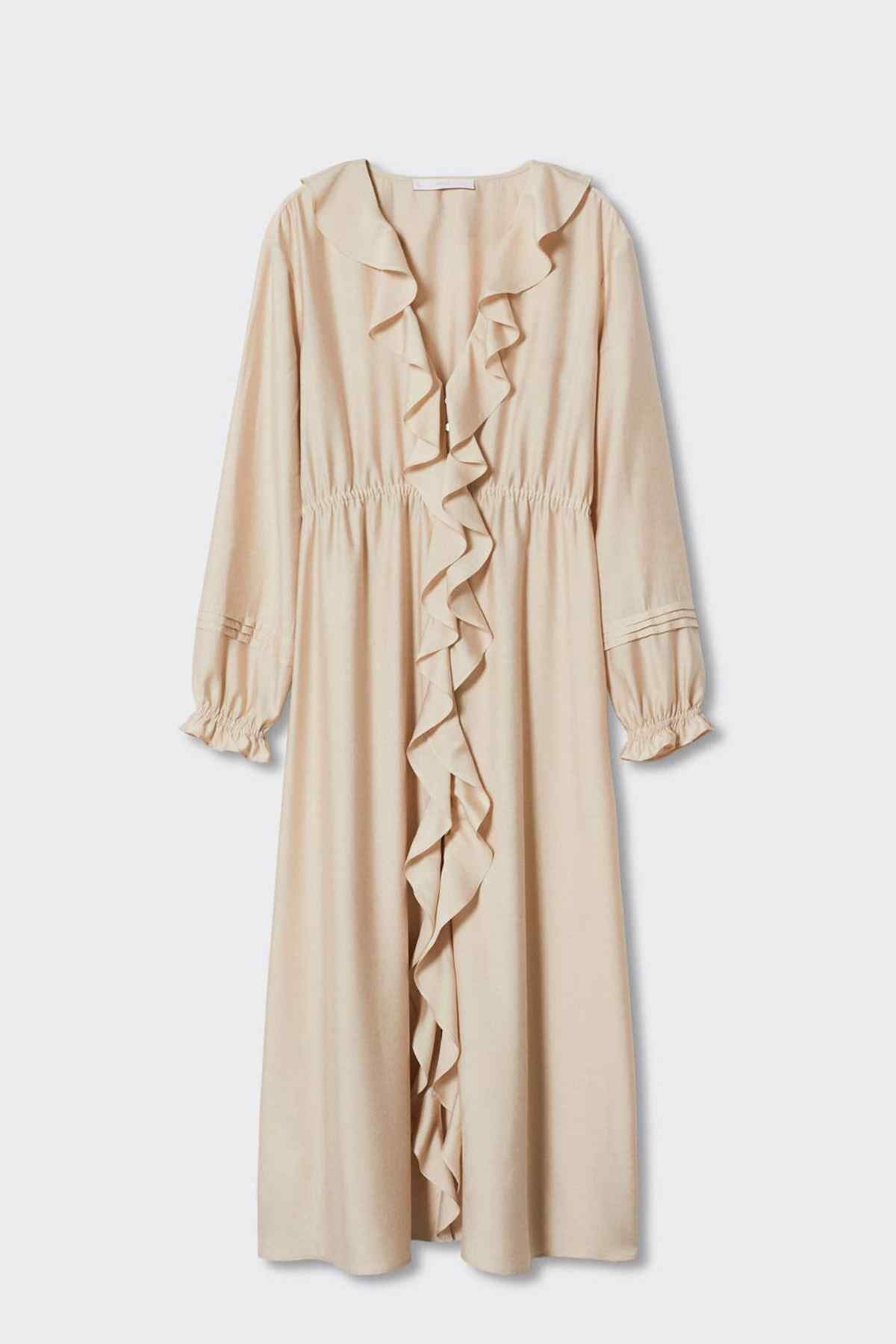 MANGO ecru midi dress on hanger with ruffled front, long sleeves, and gathered waist