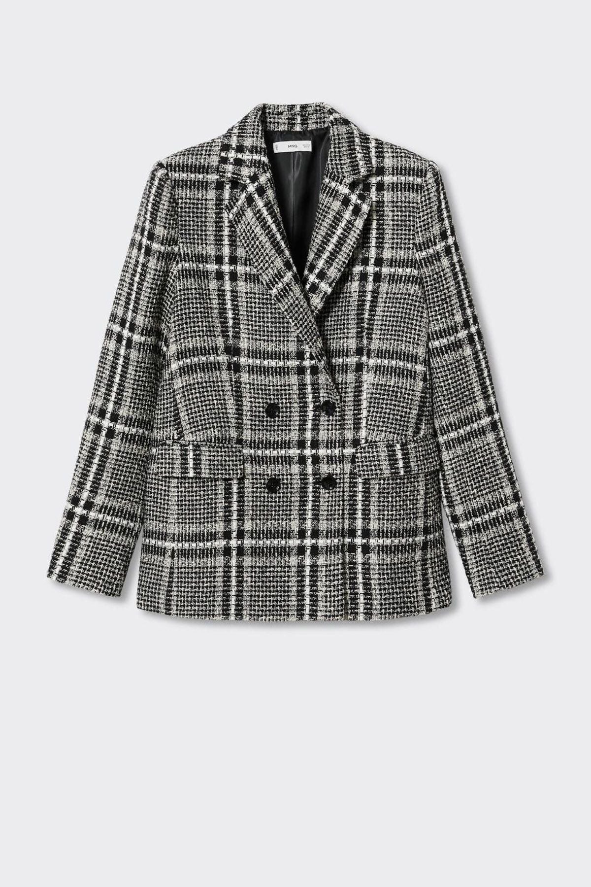 Mango black-and-white plaid blazer front view with notched lapels and button closure