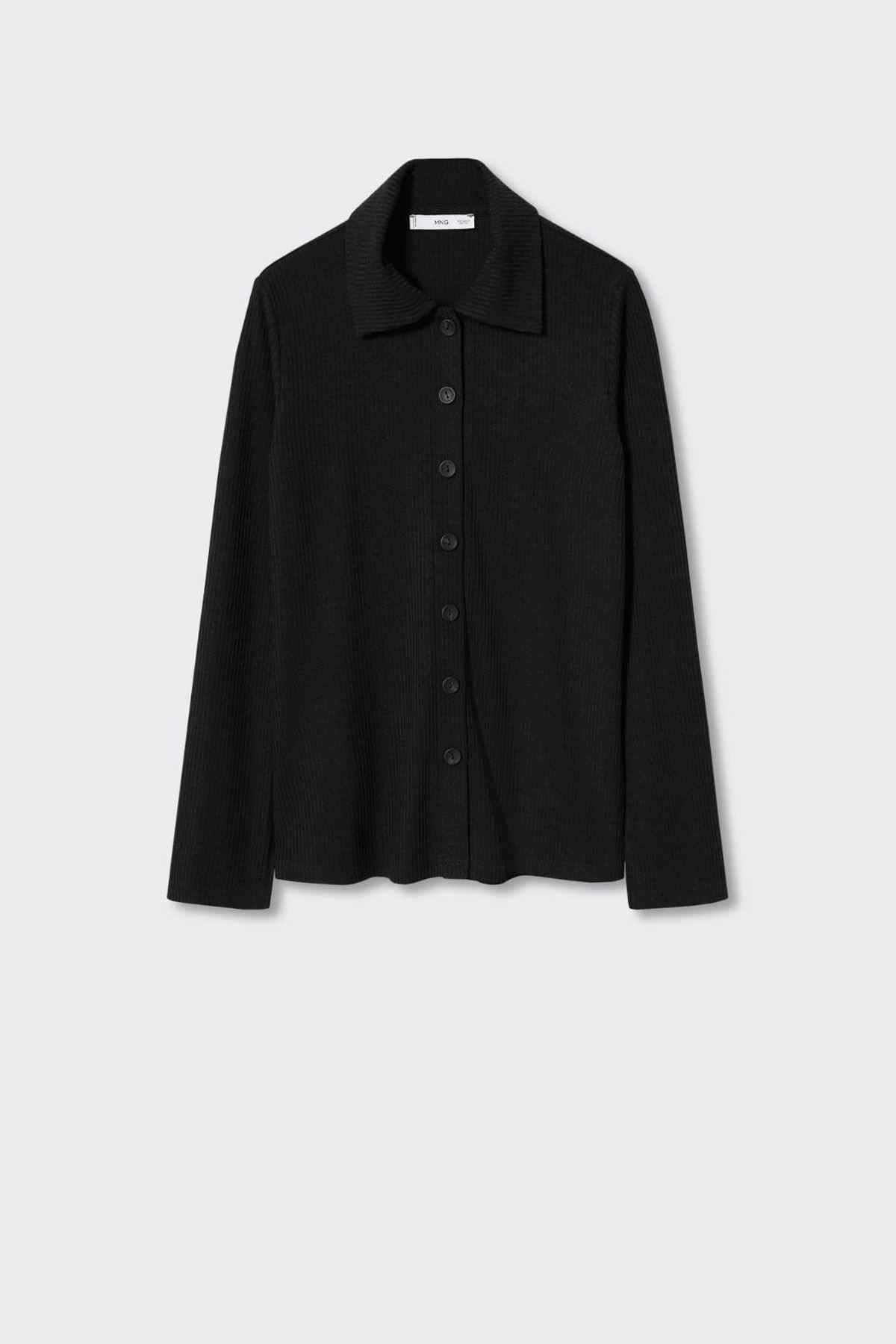 Black knit button-up jacket with pointed collar and front button placket on hanger