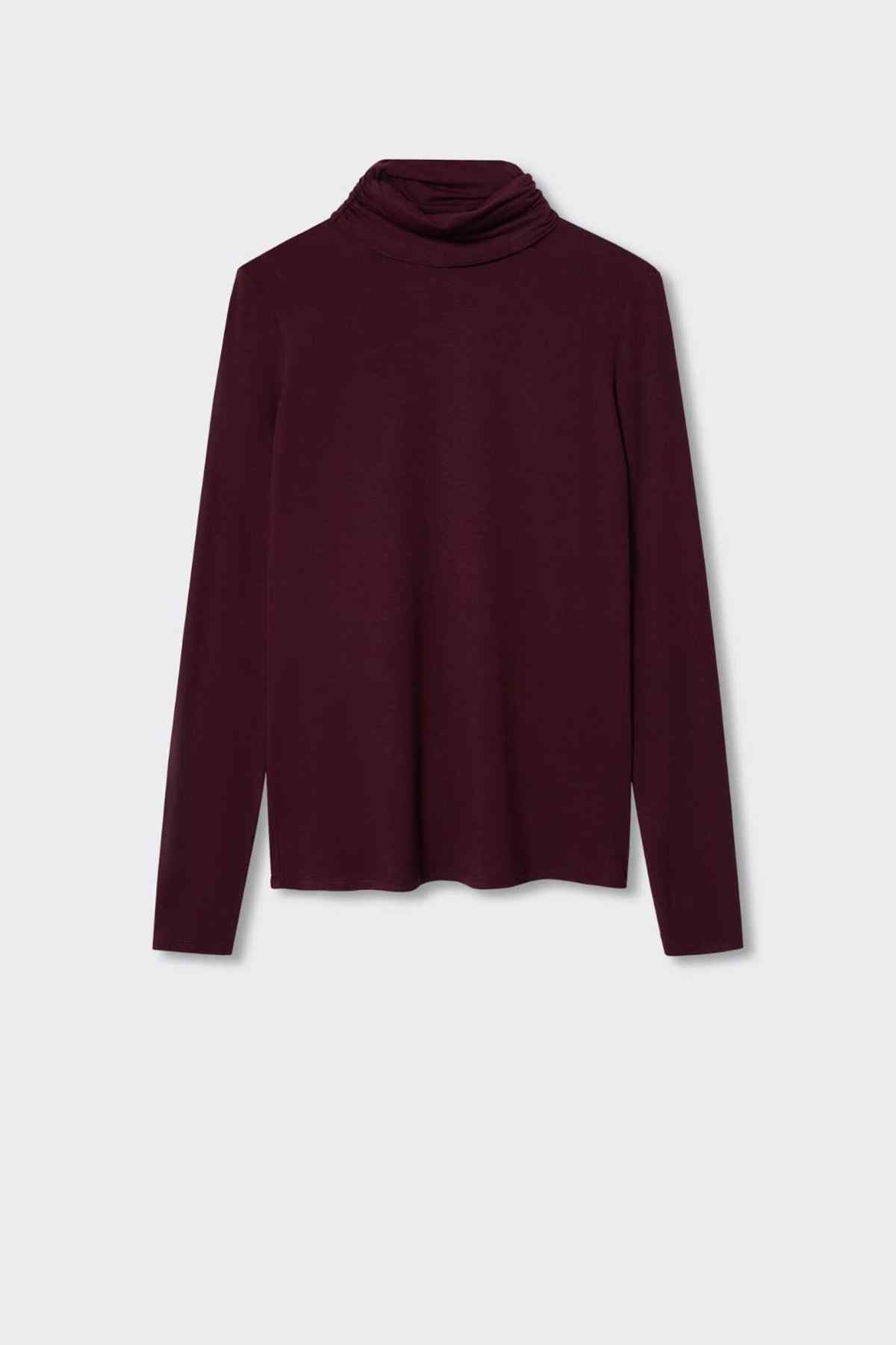 Maroon long-sleeve turtleneck pullover top on hanger