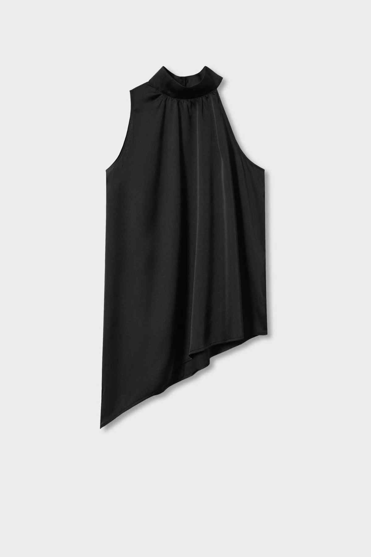 Black sleeveless high-neck blouse, draped asym hem