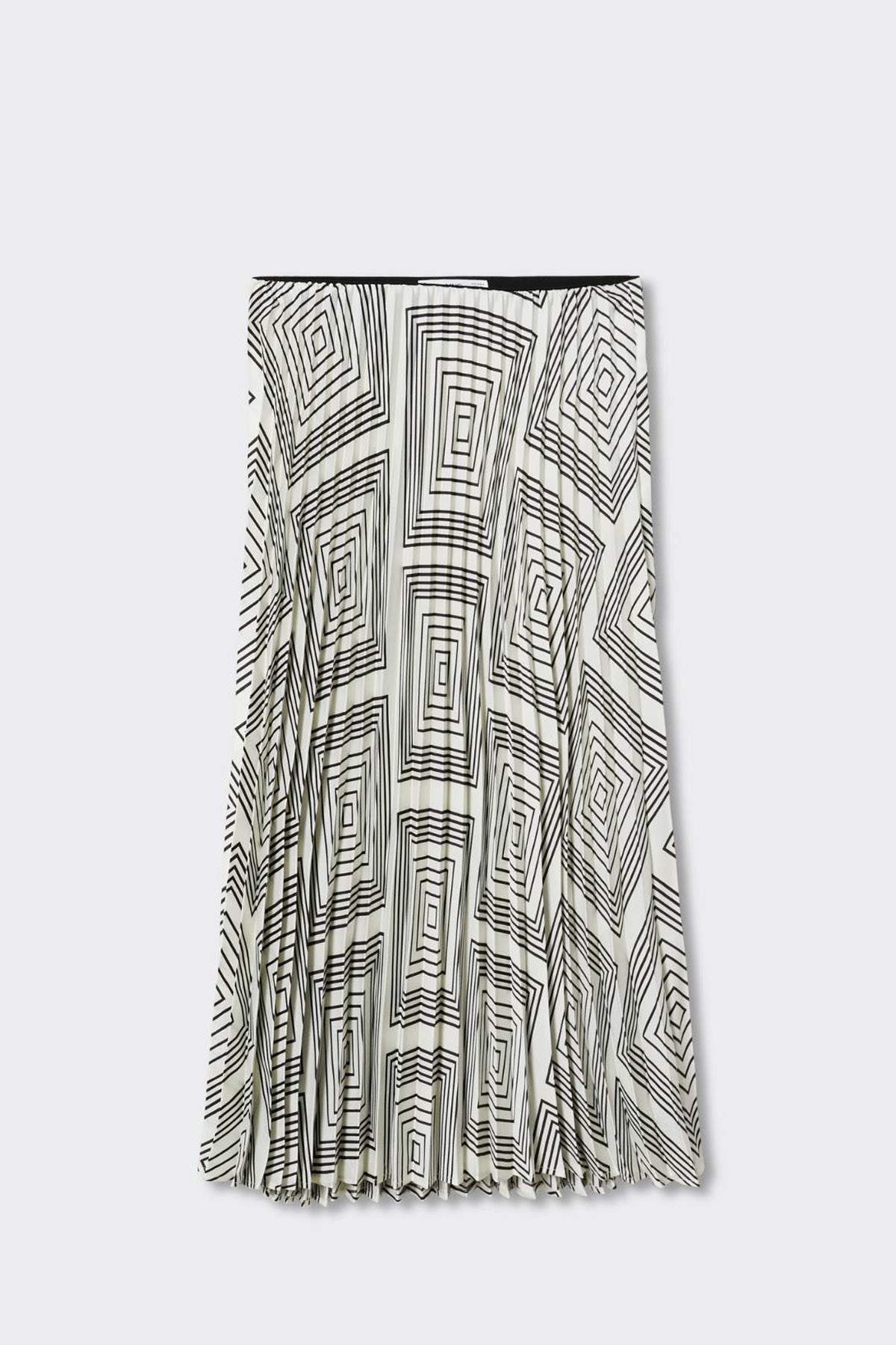 Pleated midi skirt with full geometric line pattern, tassel hem