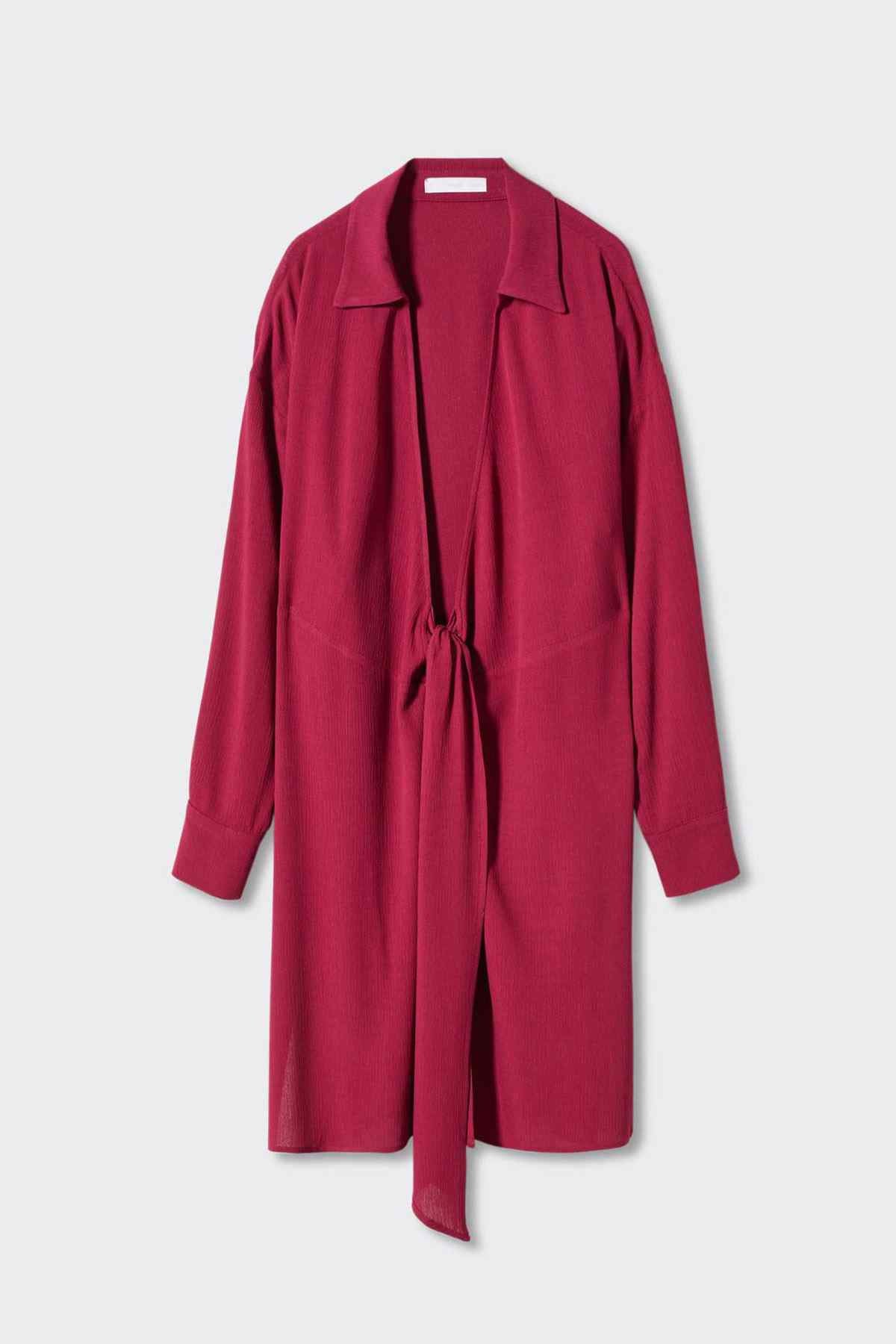 Deep red long tie-front blazer laid flat, notched collar and long sleeves