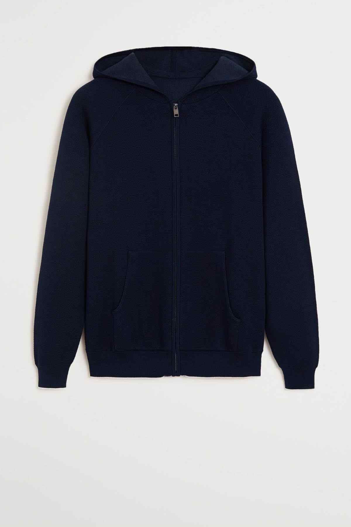 Dark navy zip-up hoodie with hood and front zipper