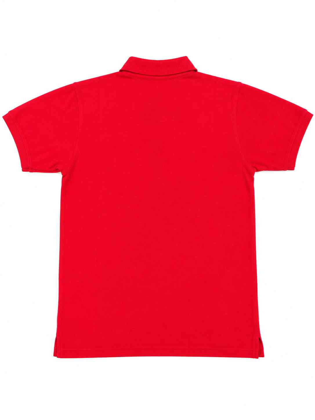 Red polo shirt back view with ribbed collar and short sleeves