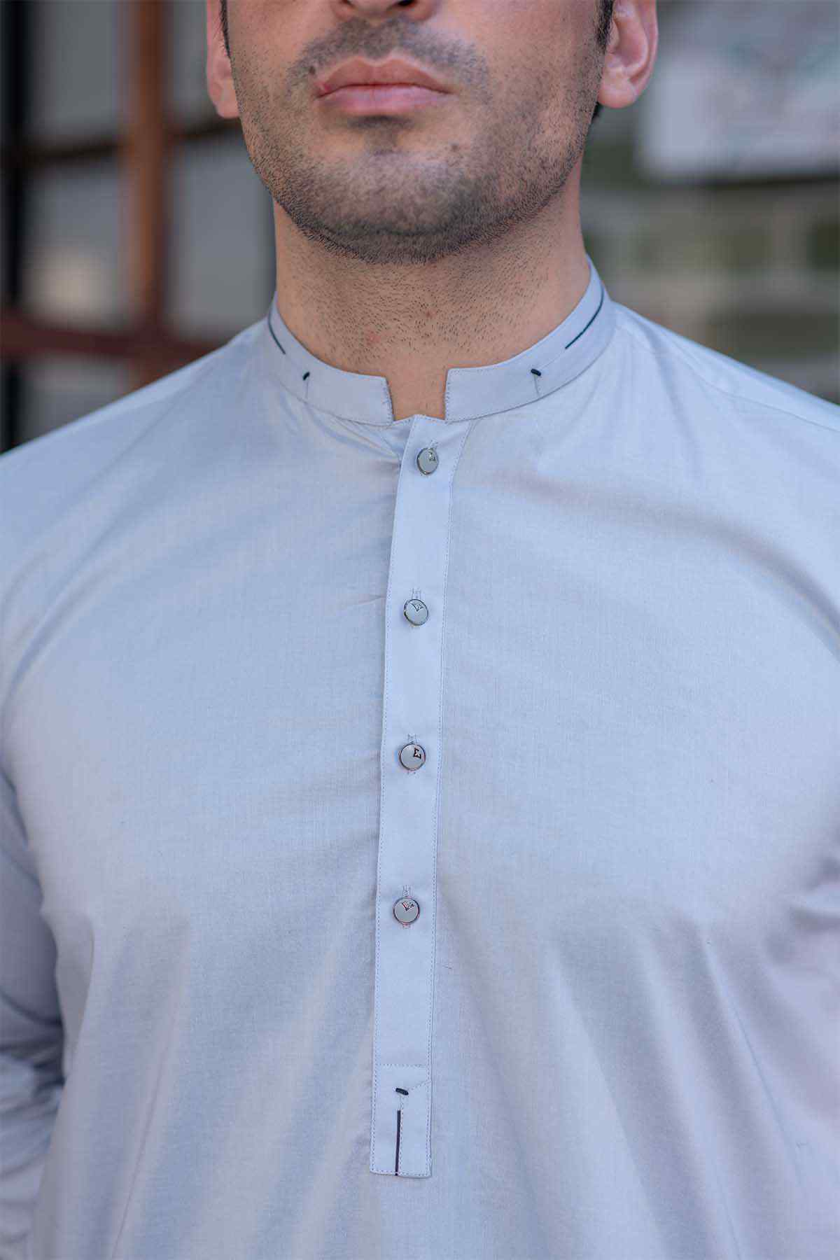 Light blue long-sleeve button-up kurta with stand collar and front buttons