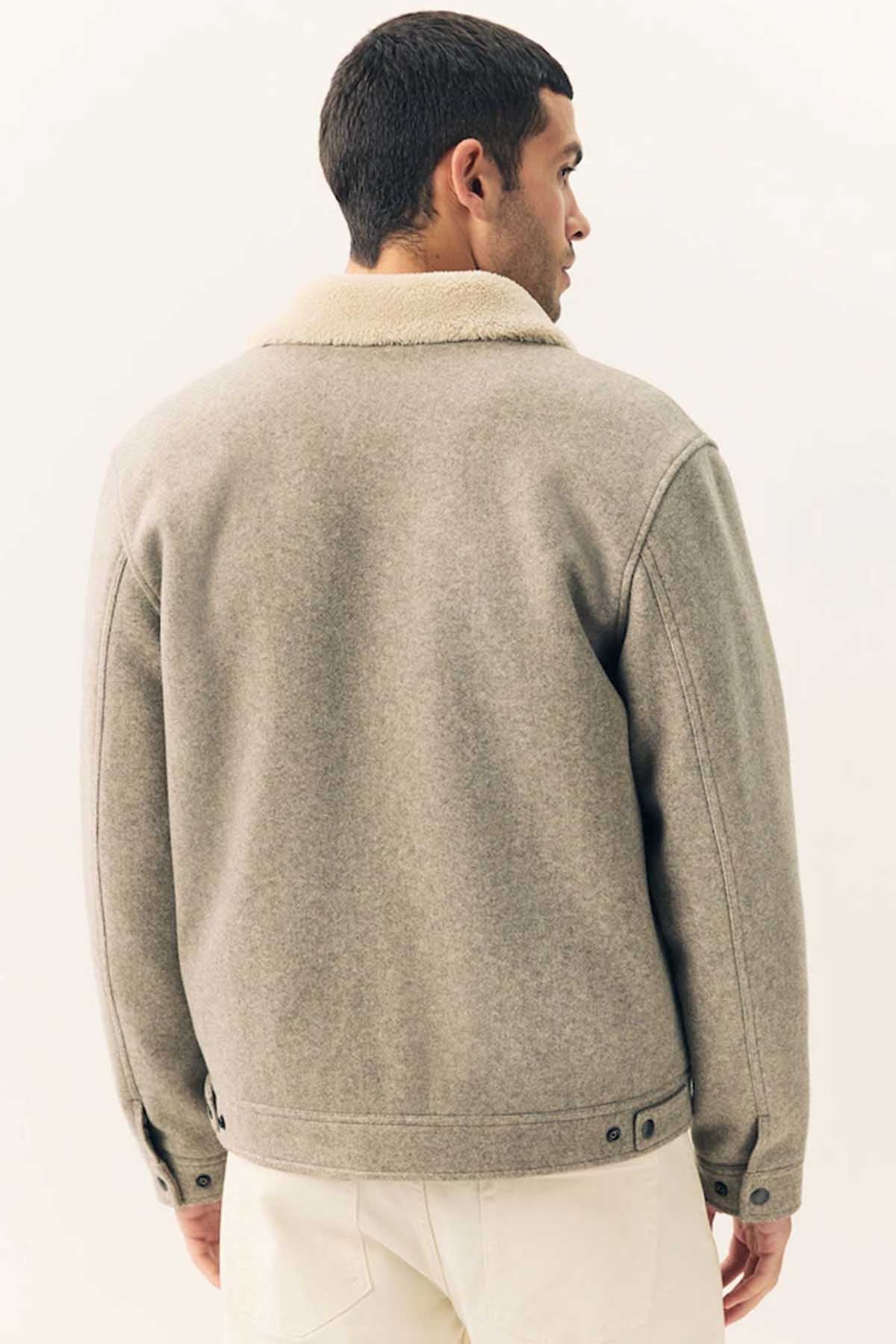 Grey sherpa-collar jacket back view with button cuffs and full-length sleeves