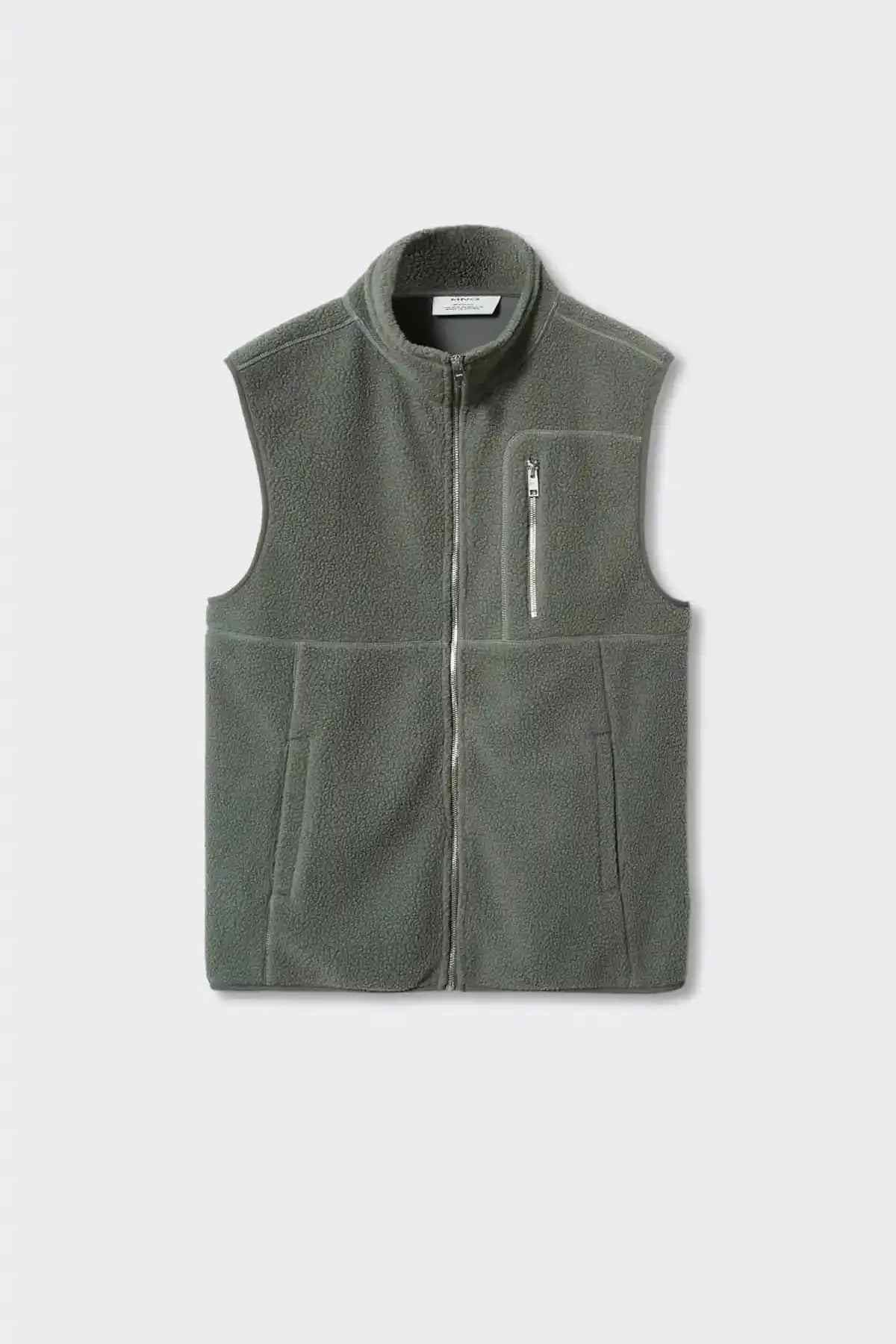 Aqua green fleece vest with stand collar and zip front, sleeveless