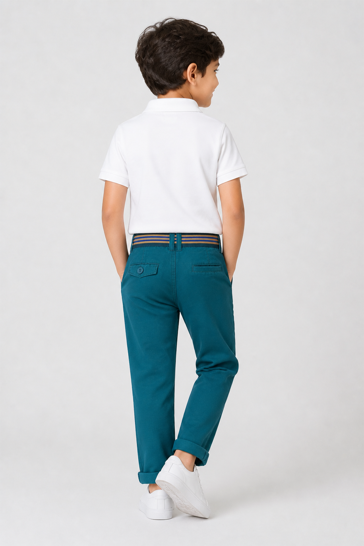 Teal kids chinos with striped waistband trim and belt loops, back view