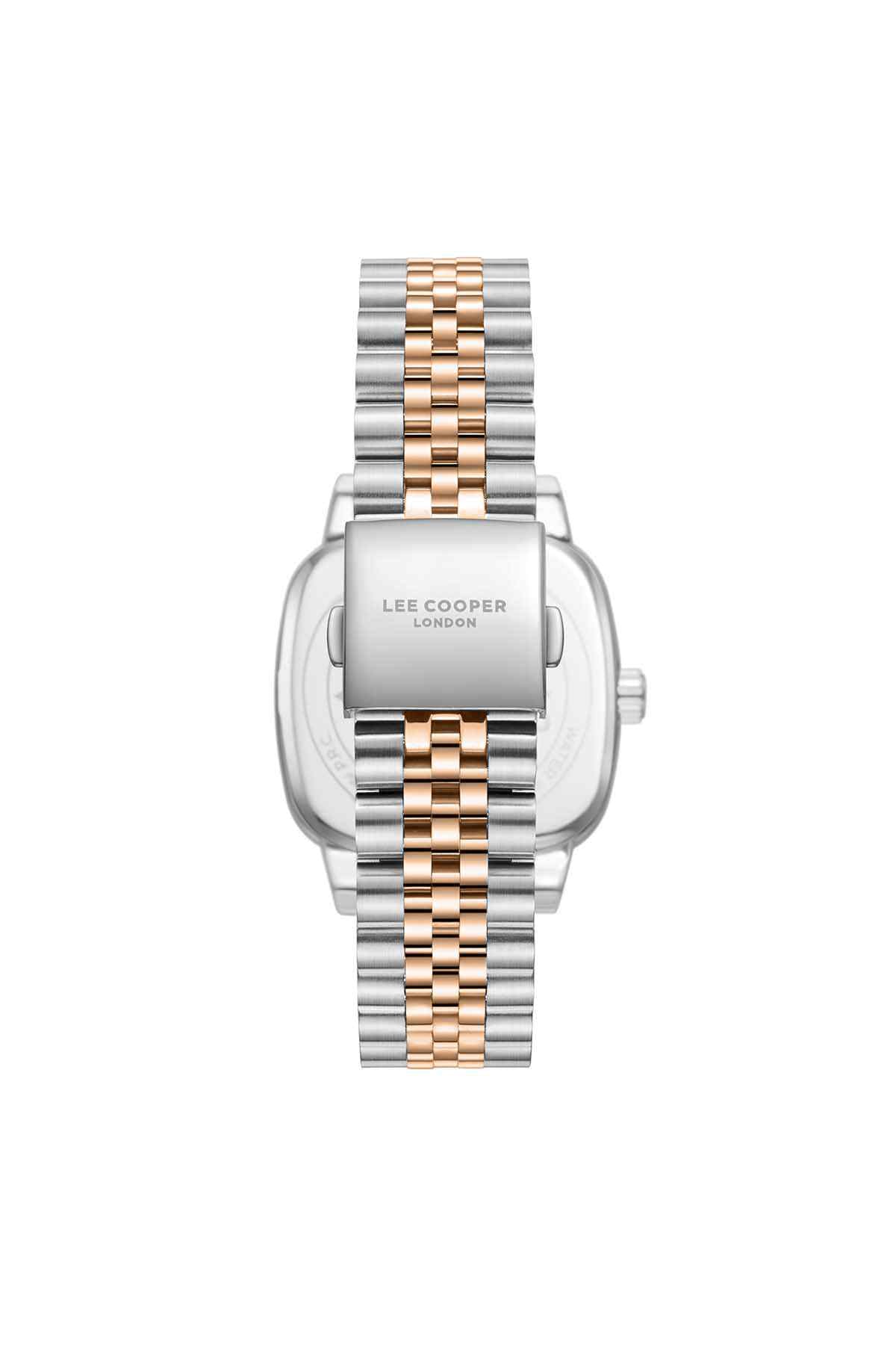 Lee Cooper wristwatch with dark dial, silver case, and rose gold center bracelet links