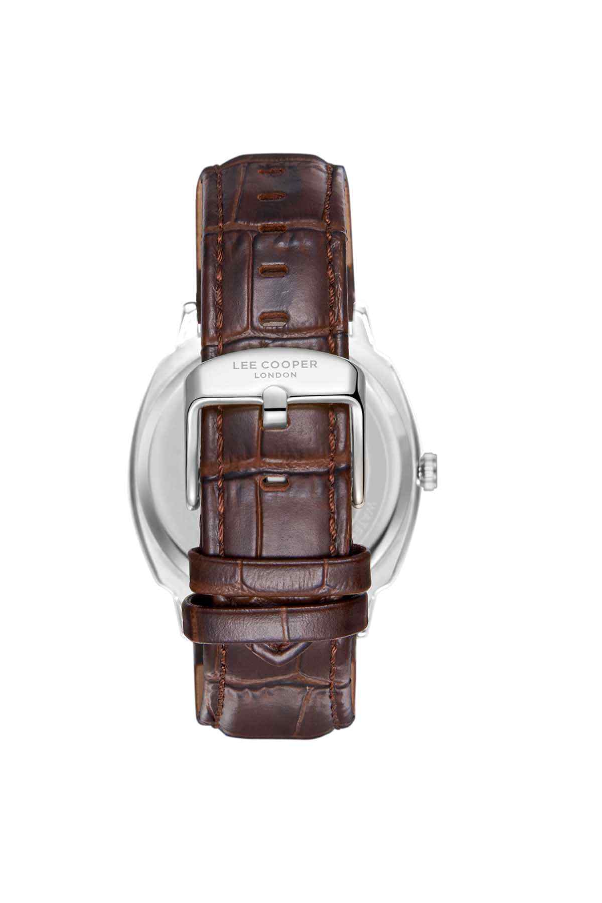 Lee Cooper analog watch with brown leather strap and buckle, silver back case