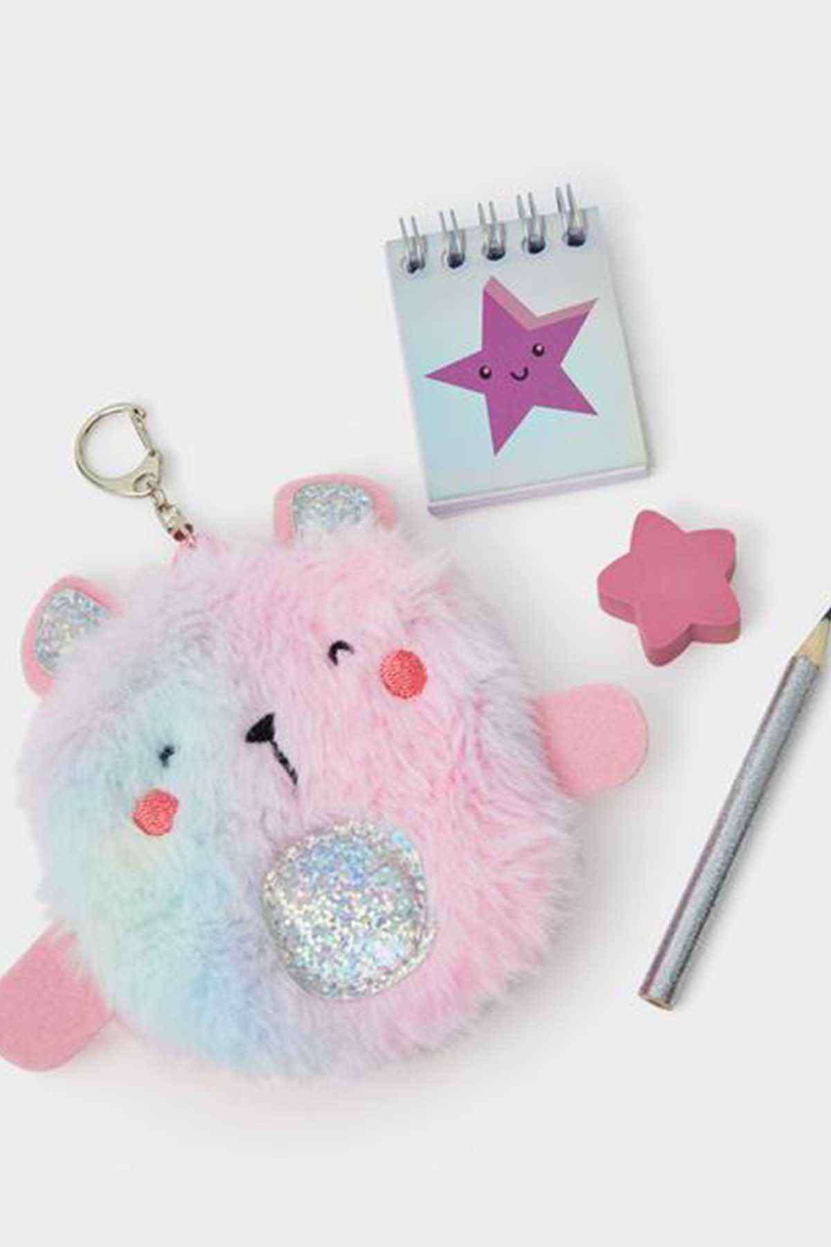 Accessorize plush keychain, pink blue bear face with star glitter and clasp loop