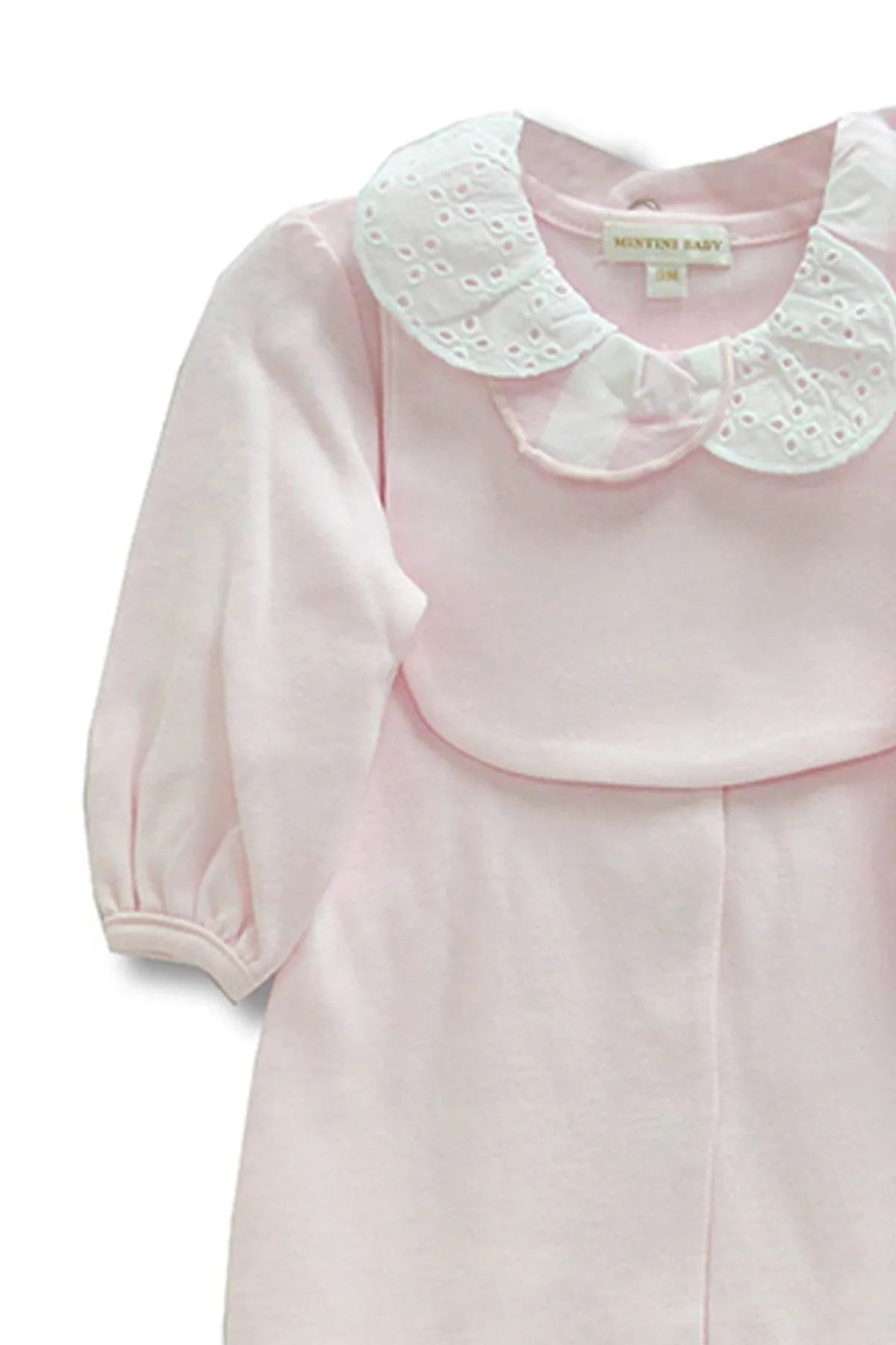 Pink baby romper with eyelet Peter Pan collar and long puff sleeves
