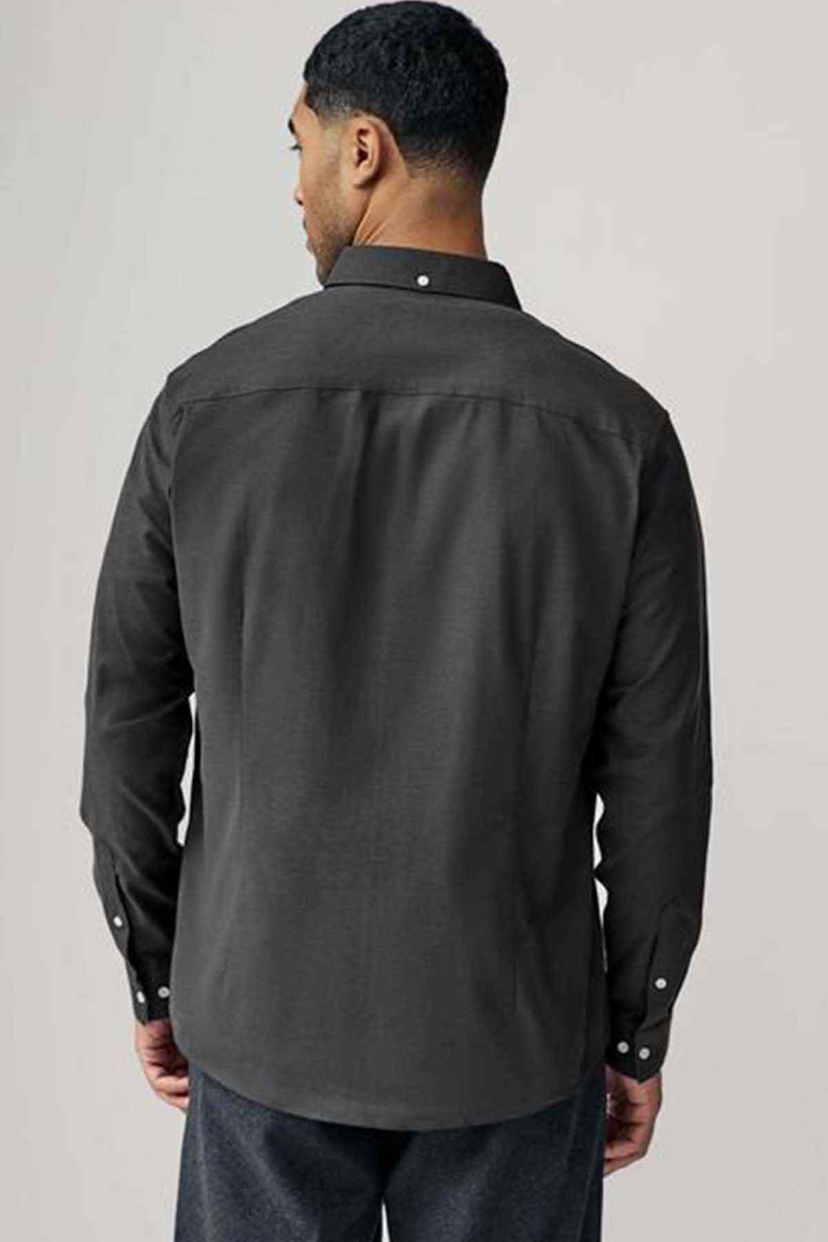 NEXT charcoal grey button-up shirt, back view with buttoned cuffs