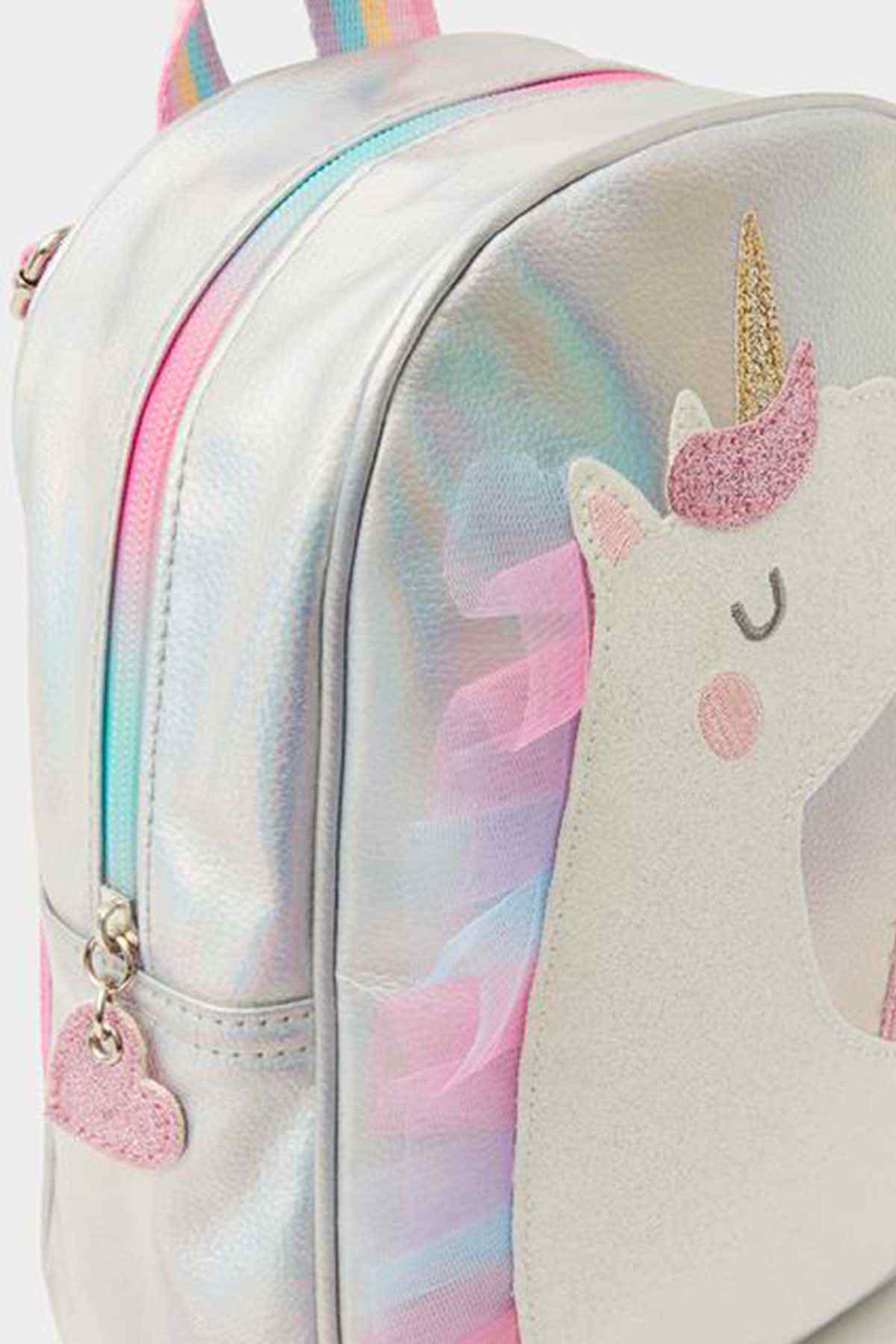 Iridescent unicorn backpack with heart dangle charm and rainbow-trim zipper pocket