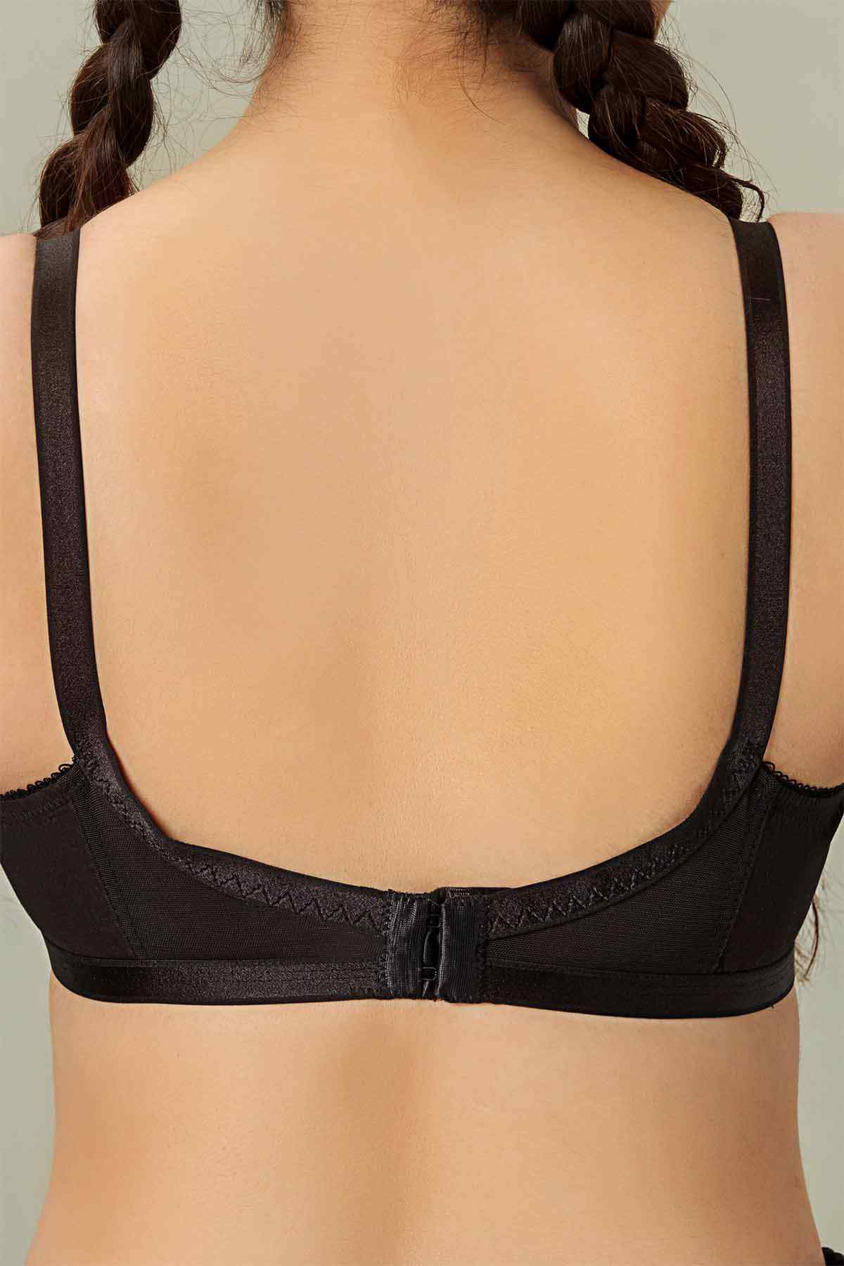 Black balconette bra back with adjustable straps and center clasp