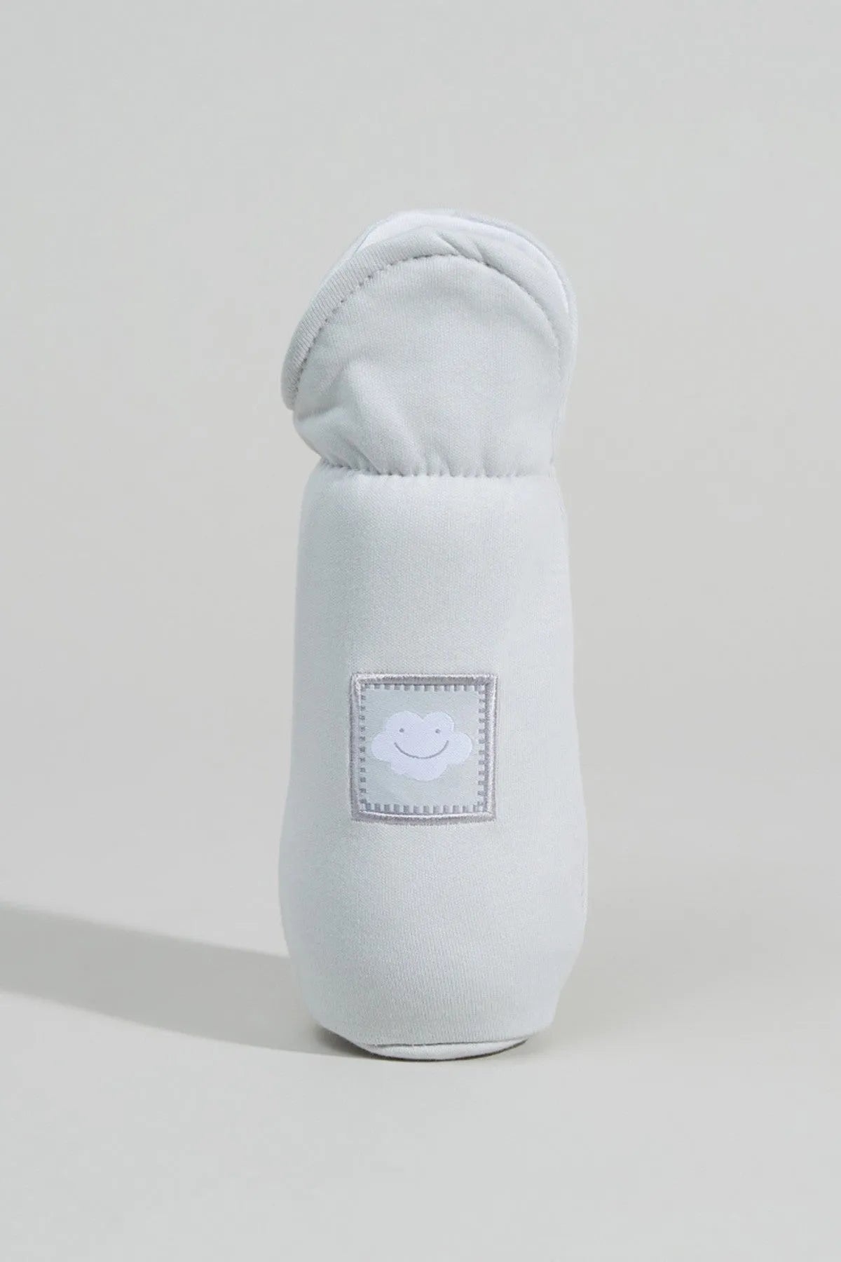 Light blue baby hooded pouch, front view with cloud patch