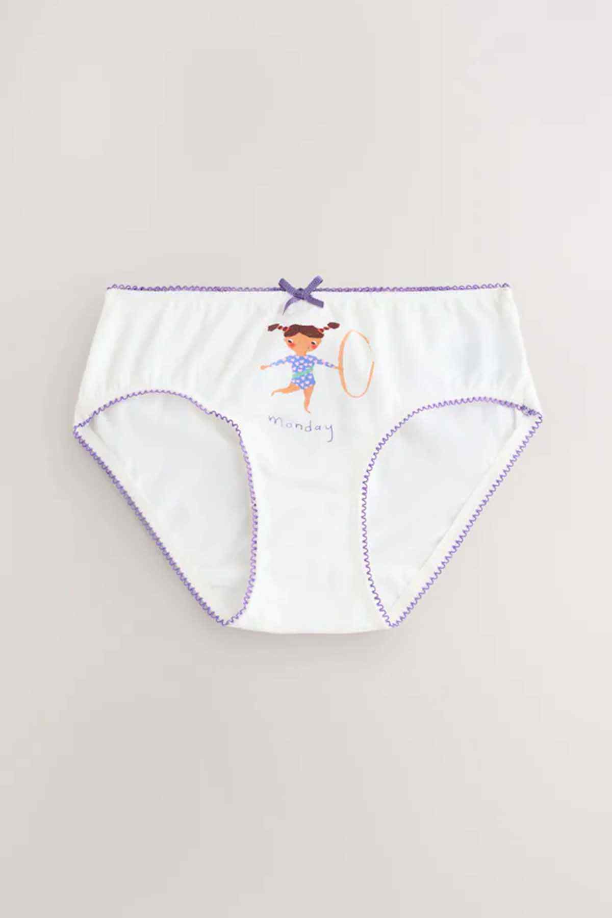 Girls' white brief underwear with colorful cartoon motif and purple edge trim