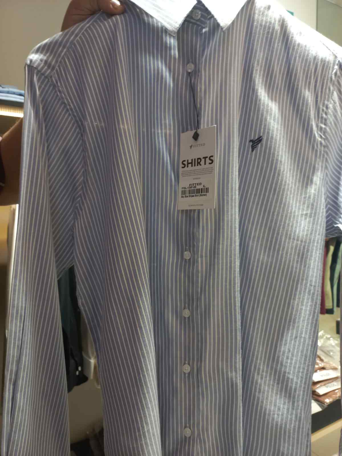 Fitted striped button-up dress shirt with long sleeves and button front, dark blue and white