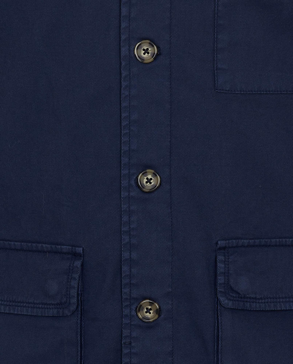 Navy blue shirt close-up: front placket buttons and chest pockets with flaps