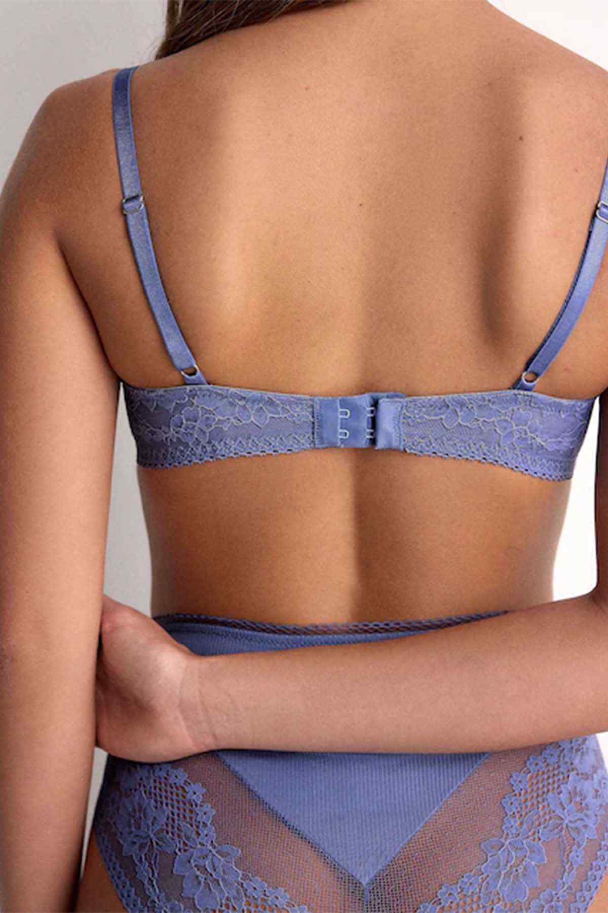 Women's blue lace back balconette bra with adjustable straps and center hook closure