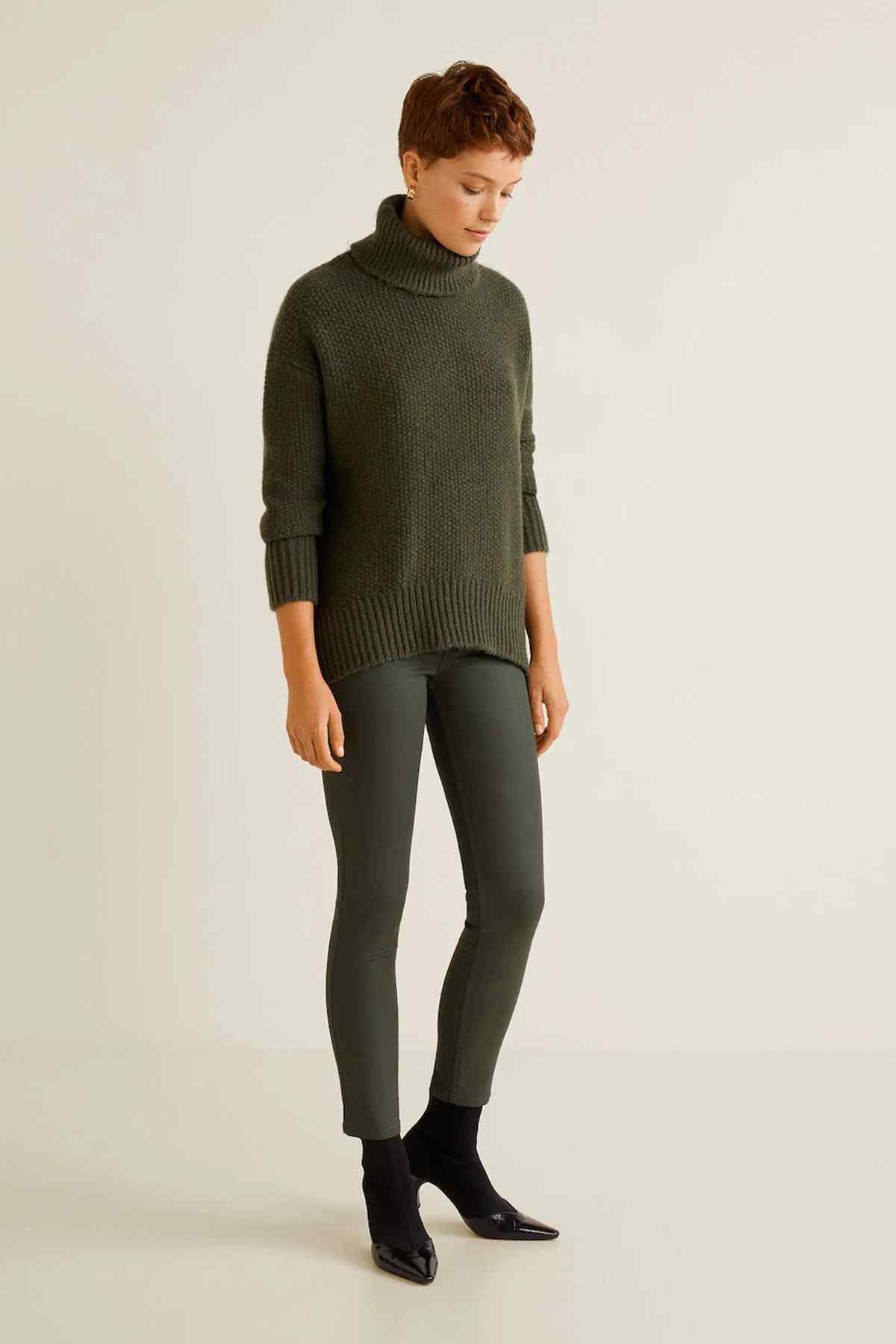 Dark olive slim ankle pants with straight leg and button front