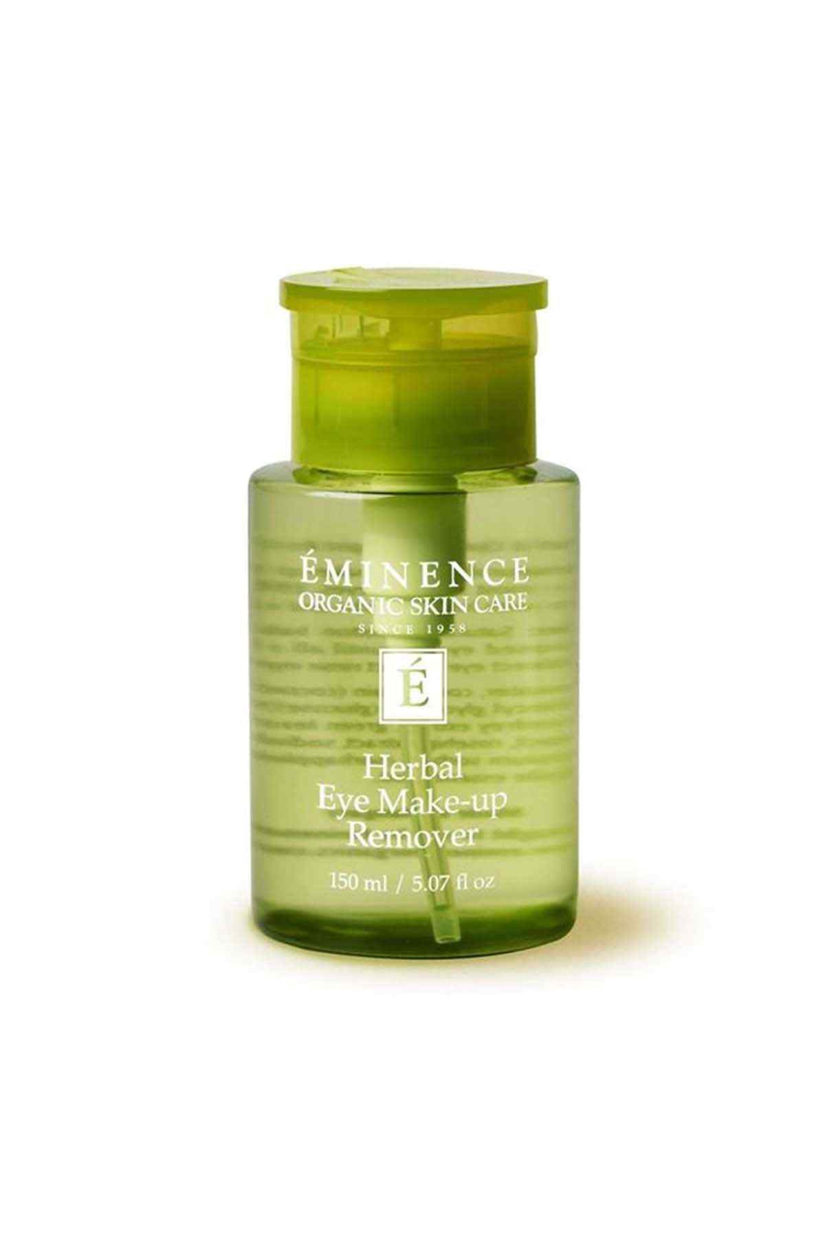 Eminence herbal eye makeup remover bottle, green glass with pump
