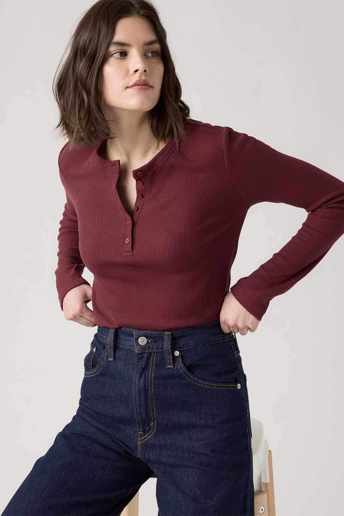 Levi's burgundy henley top with long sleeves and front buttons