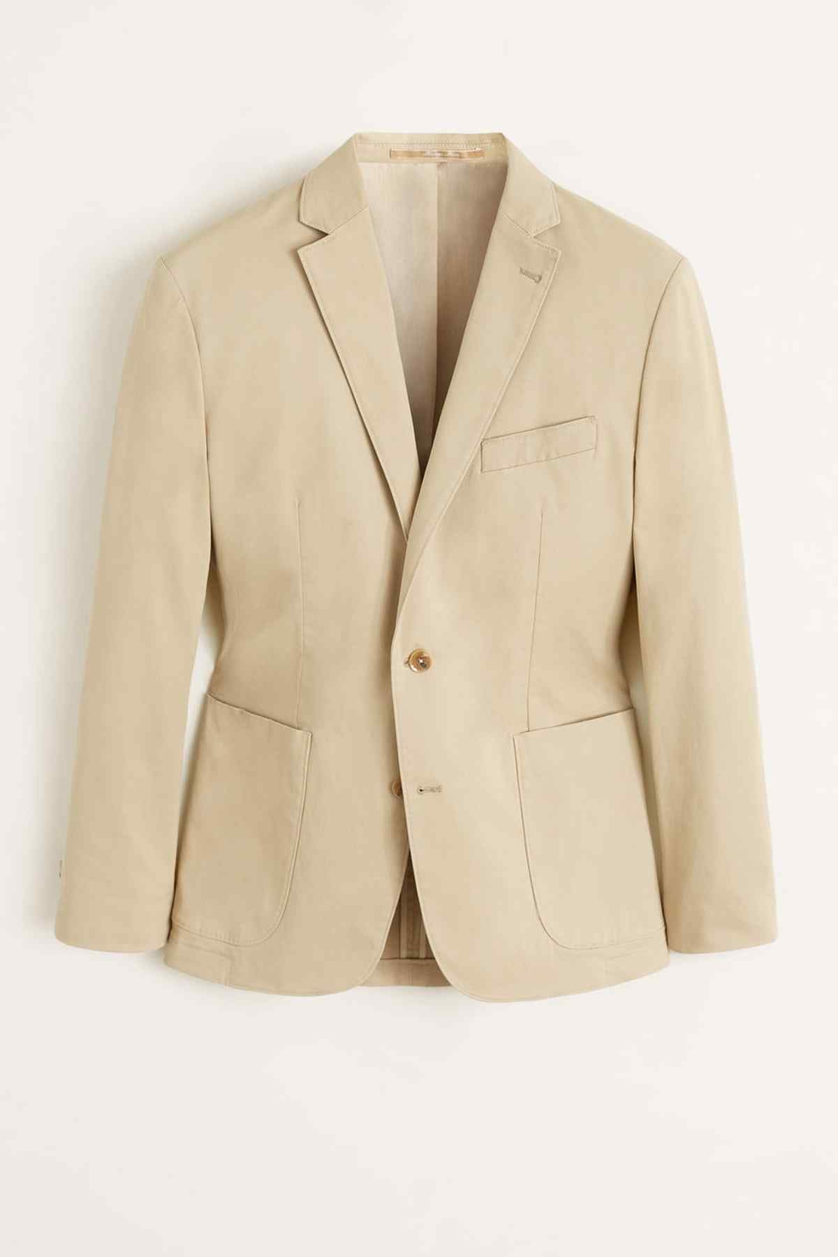 MANGO men's beige blazer front with notch lapel, flap chest pocket, two-button