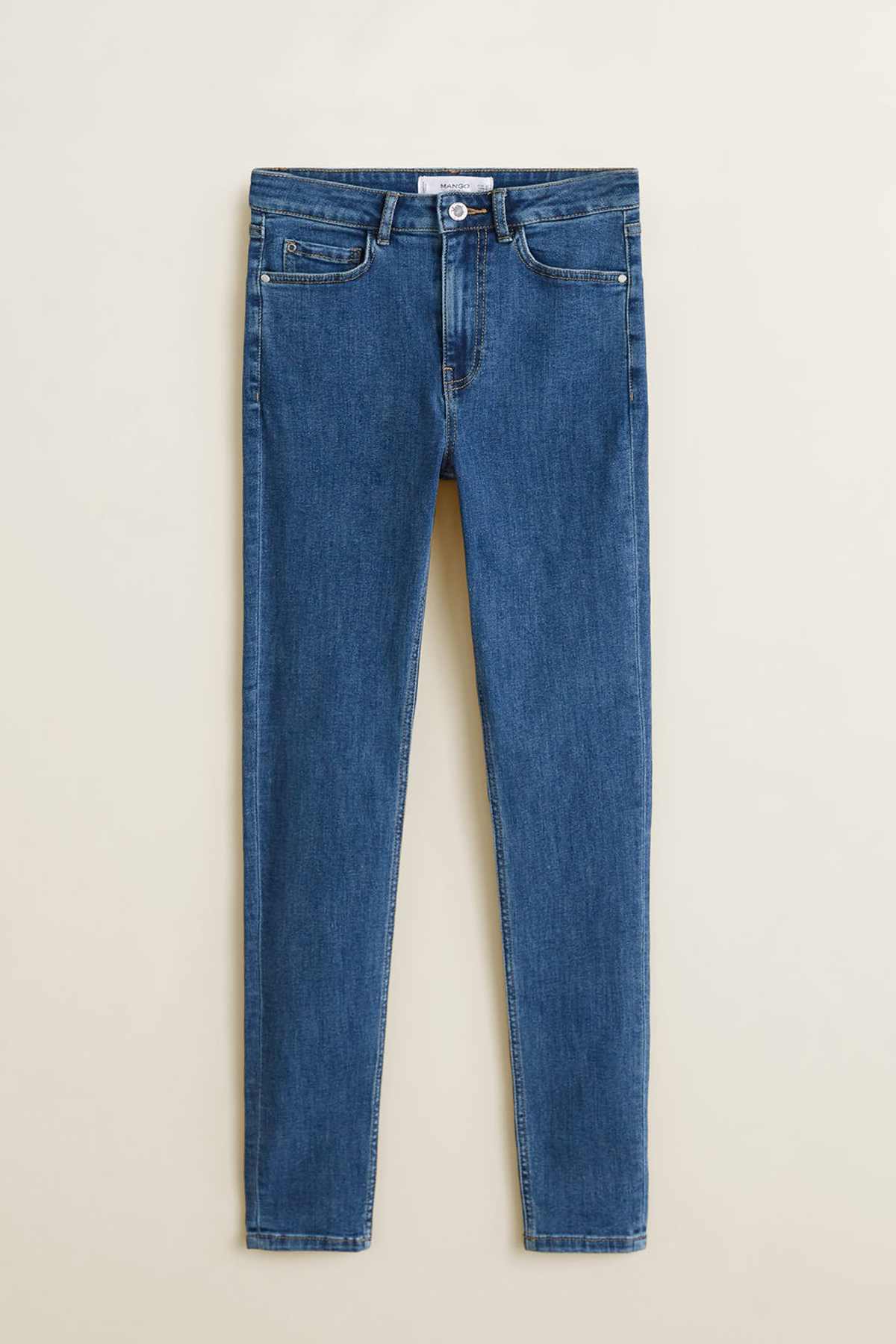 MANGO medium blue denim jeans with button waist and five-pocket styling