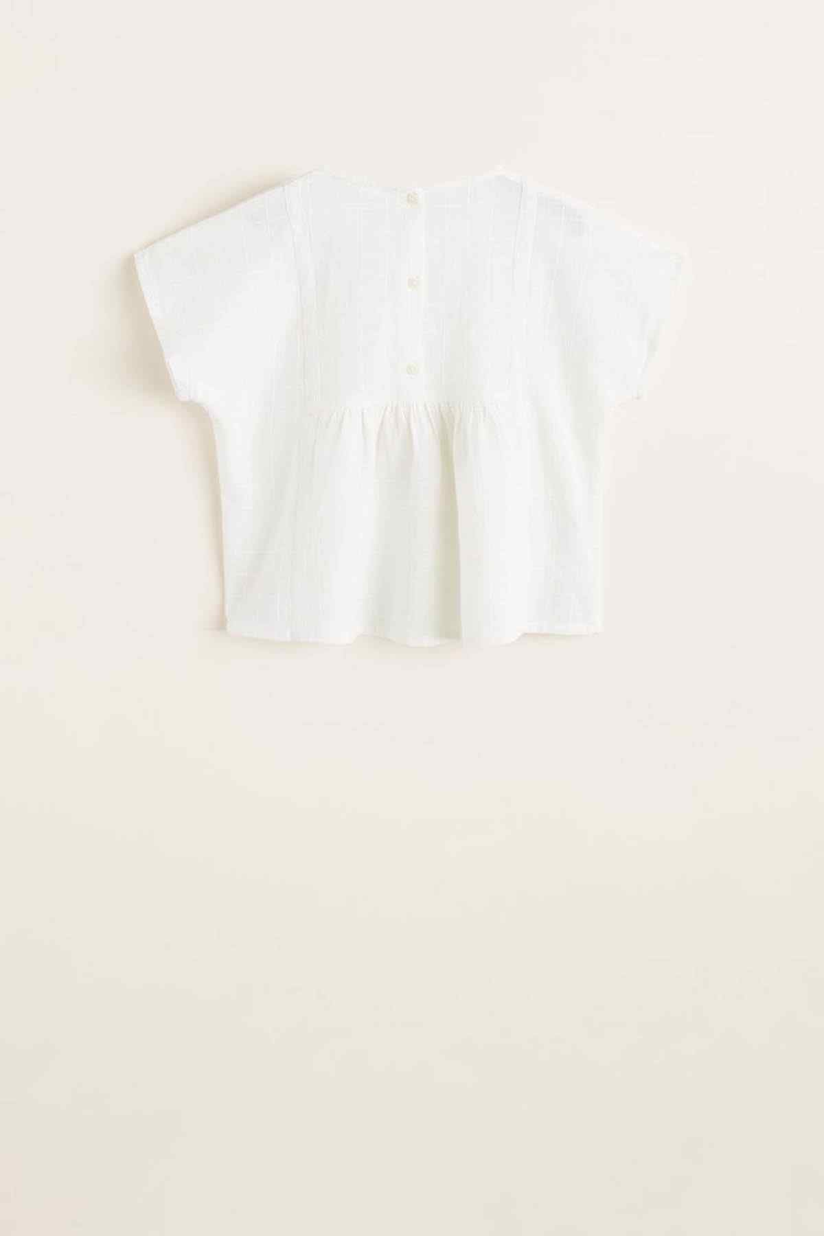 MANGO off-white short-sleeve top with round neck and tiered gathered hem