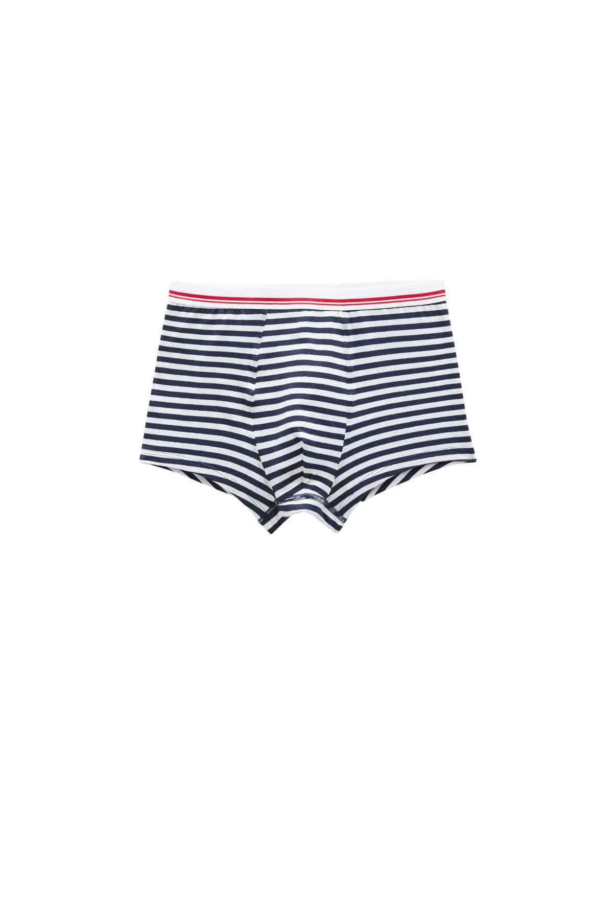 Navy-and-white striped boxer briefs with red trim waistband and front pouch