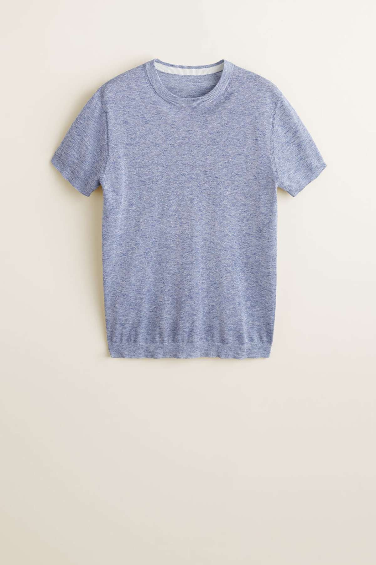 Sky blue crew-neck short-sleeve T-shirt, hem detail