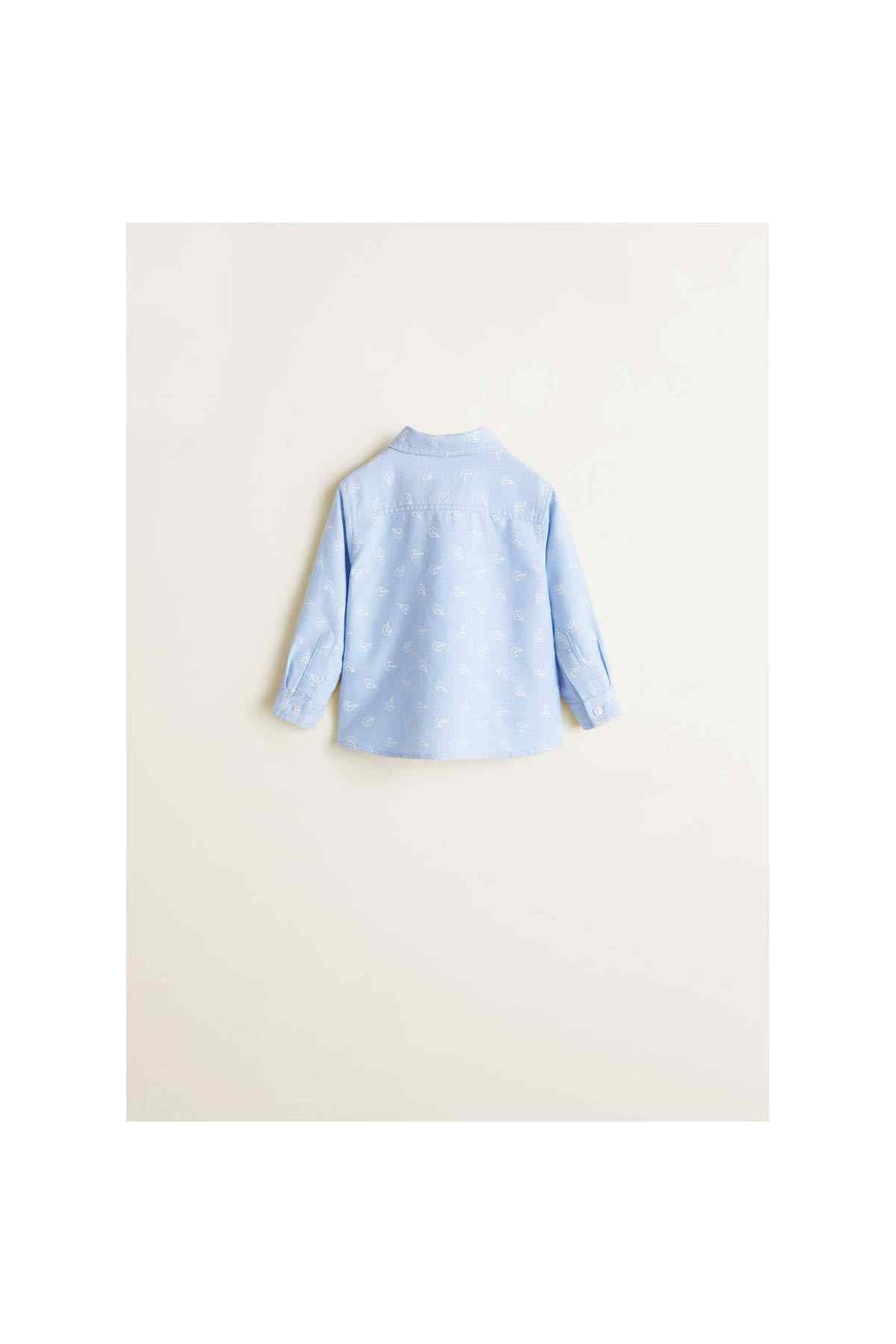 Light blue long-sleeve shirt with all-over print and button front