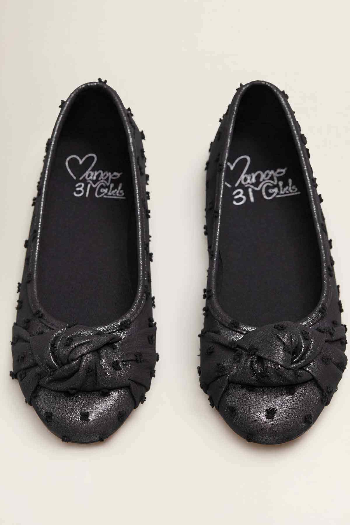 Mango black ballet flats with bow detail, front view pair