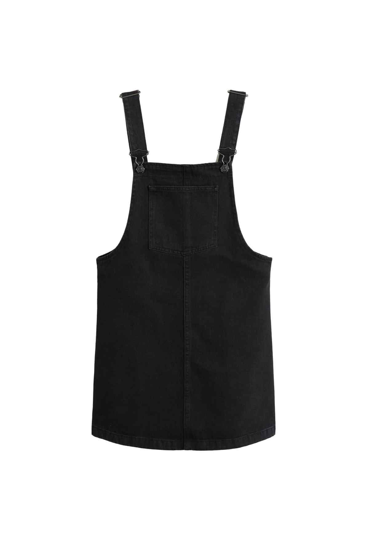 Black denim pinafore dress with front center seam and adjustable straps